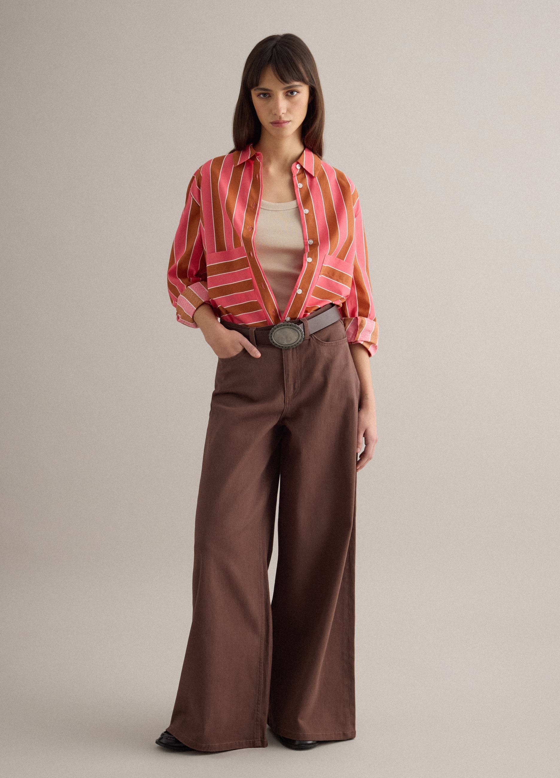 Pantaloni Flare In Cotone Elasticizzato Marrone