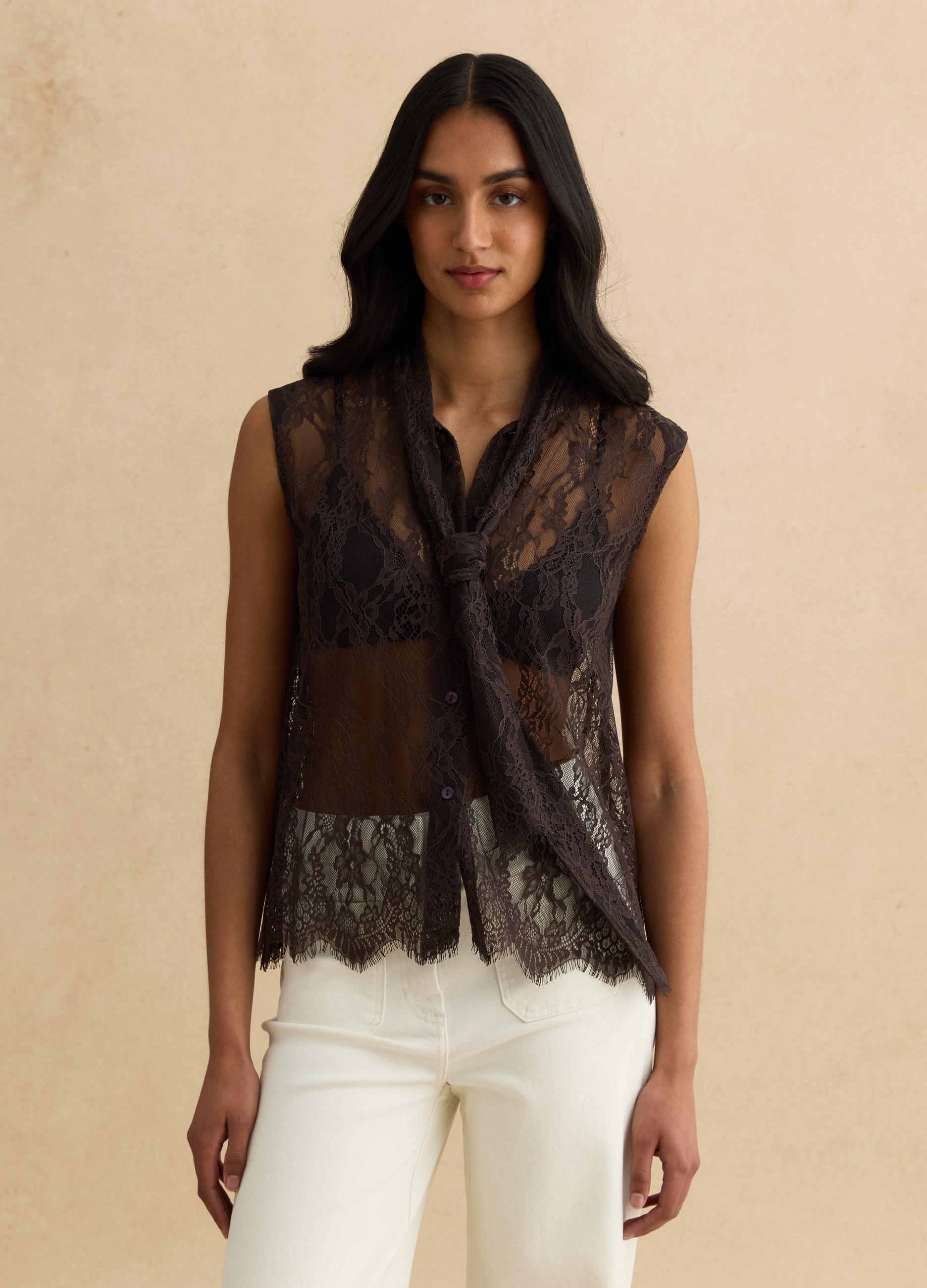 Canotta In Pizzo Marrone Regular Fit Con Fiocco