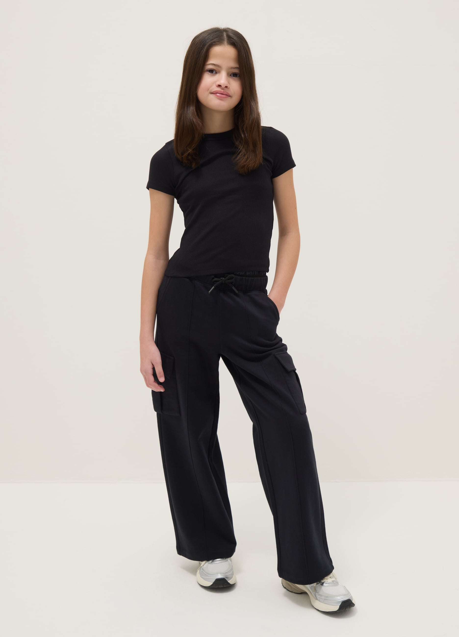 Pantaloni In Puro Cotone Nero Relaxed Fit Per Ragazze