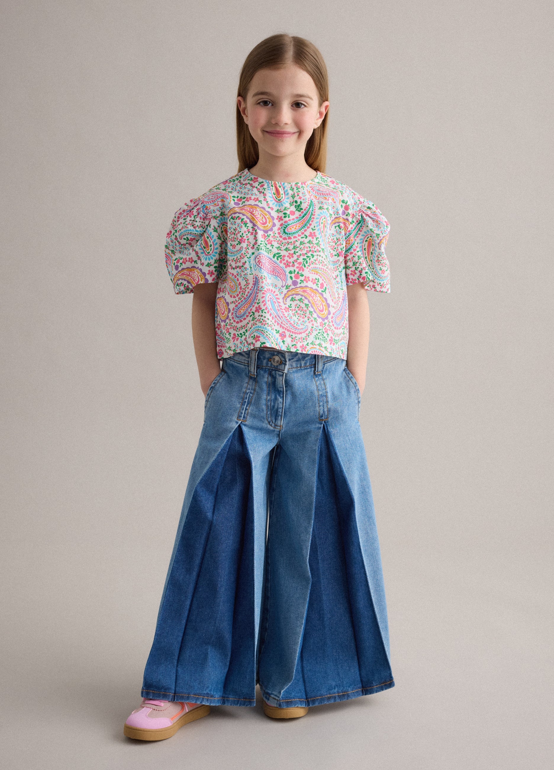 Jeans In Puro Cotone Denim Super Wide Leg Per Bambina