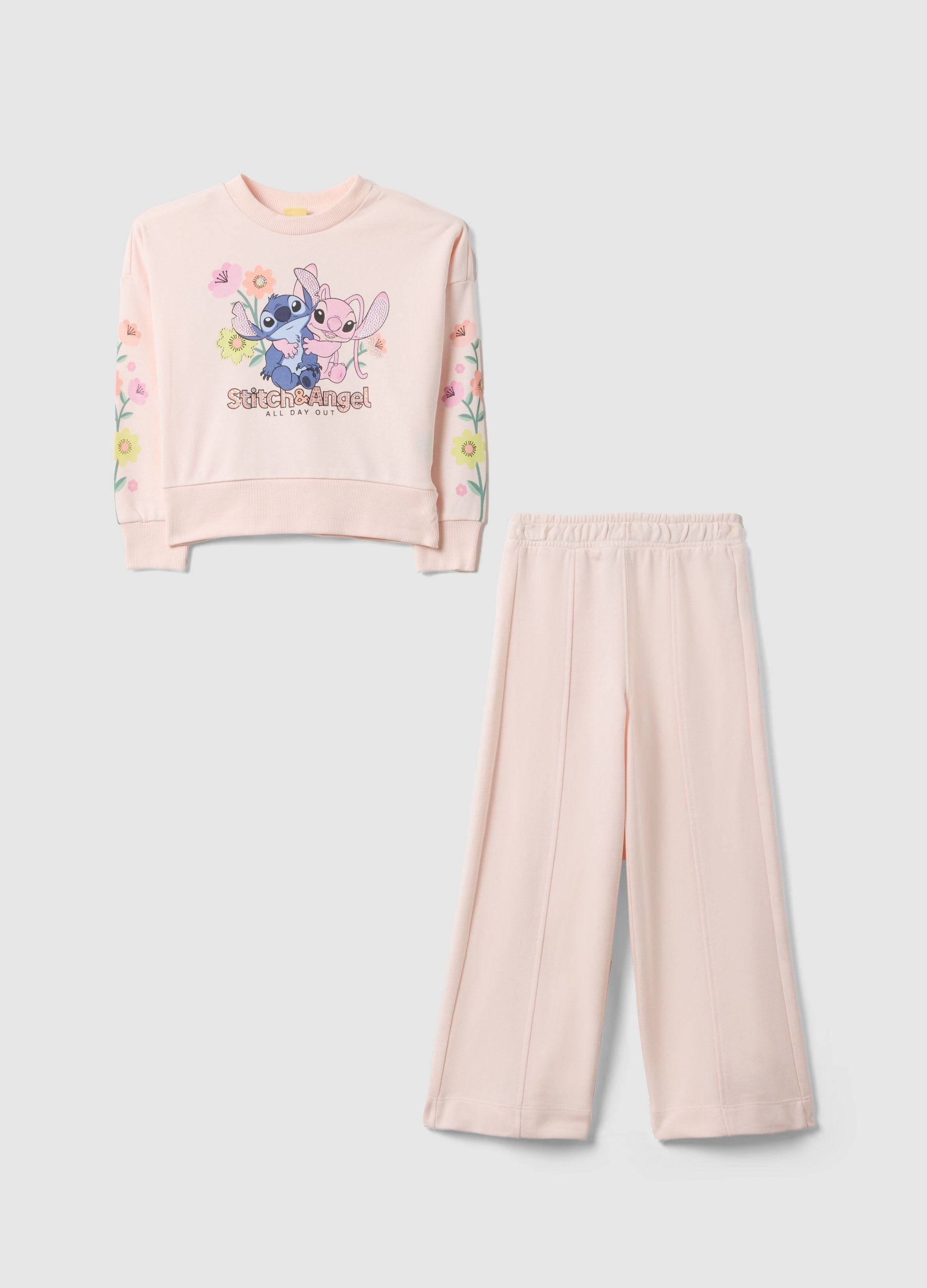 Set Felpa Pantalone In Misto Cotone Rosa Da Bambina Con Stitch&angel