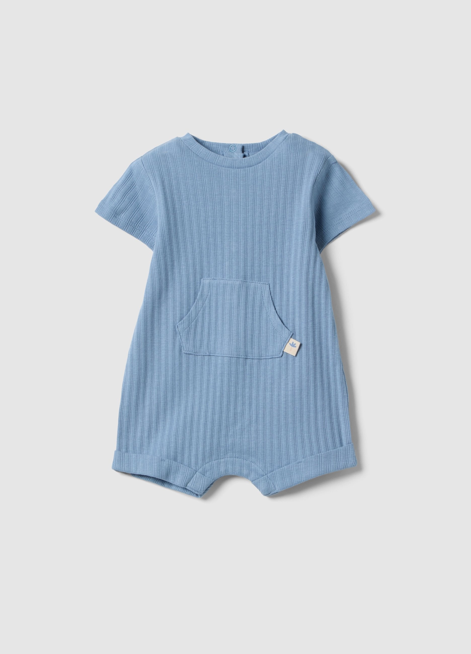 Pagliaccetto In Puro Cotone Azzurro A Coste Da Neonato Con Bottoni