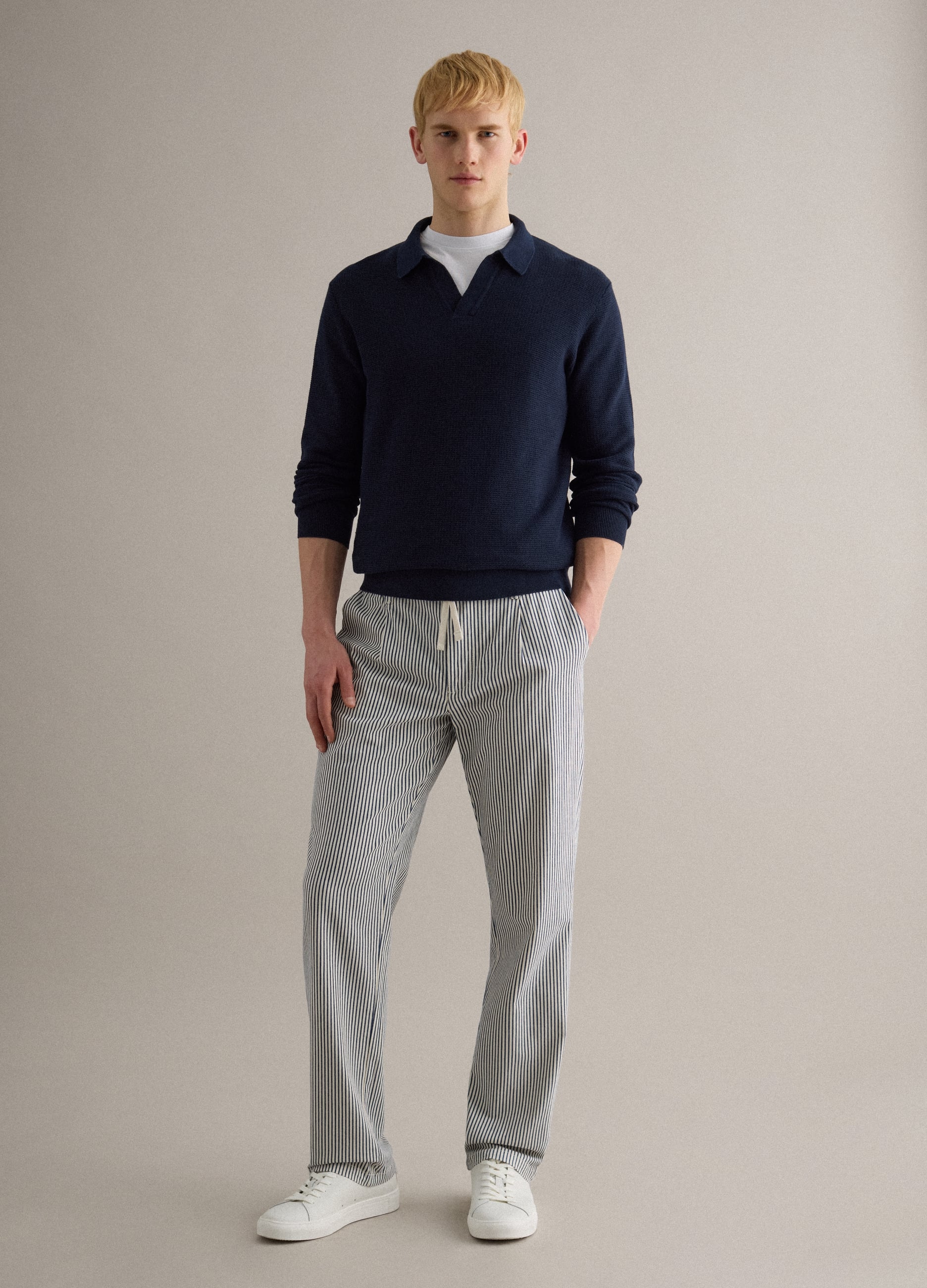 Pantaloni In Cotone Elasticizzato A Righe Multicolor Regular Fit