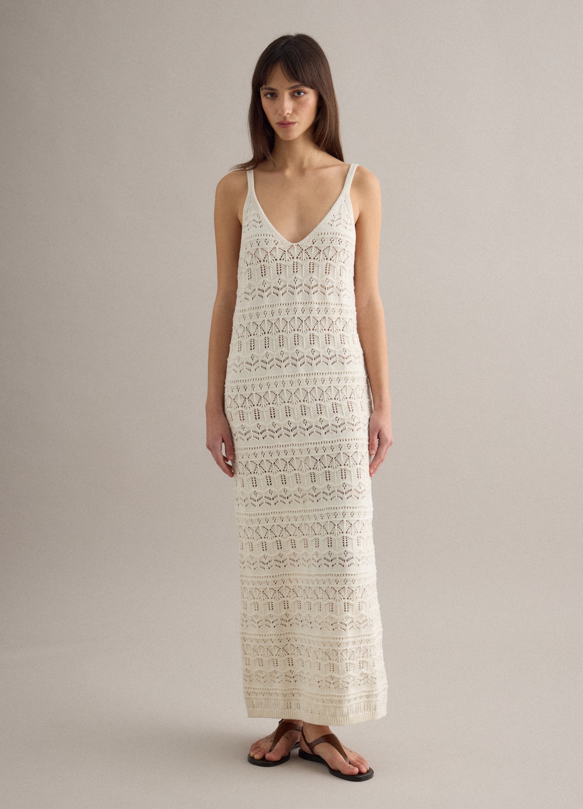 Abito Lungo Bianco In Crochet Di Puro Cotone Slim Fit
