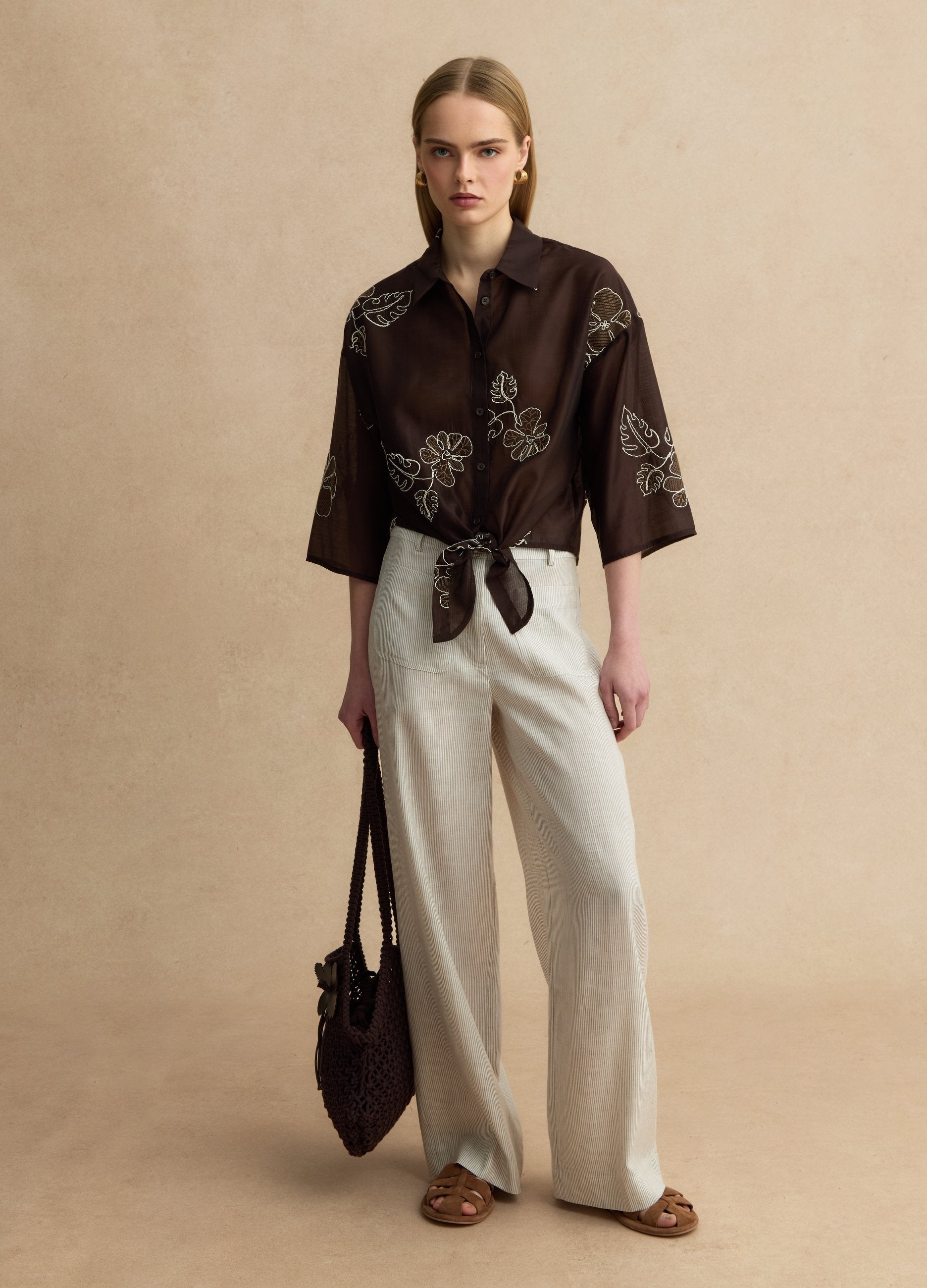 Pantaloni Wide Leg In Misto Lyocell E Lino A Righe Multicolor