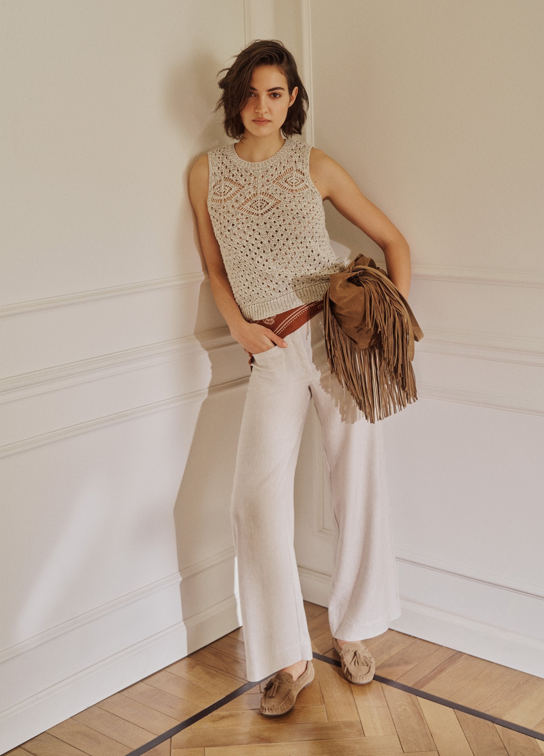 Gilet Fitted Beige In Crochet Di Misto Cotone