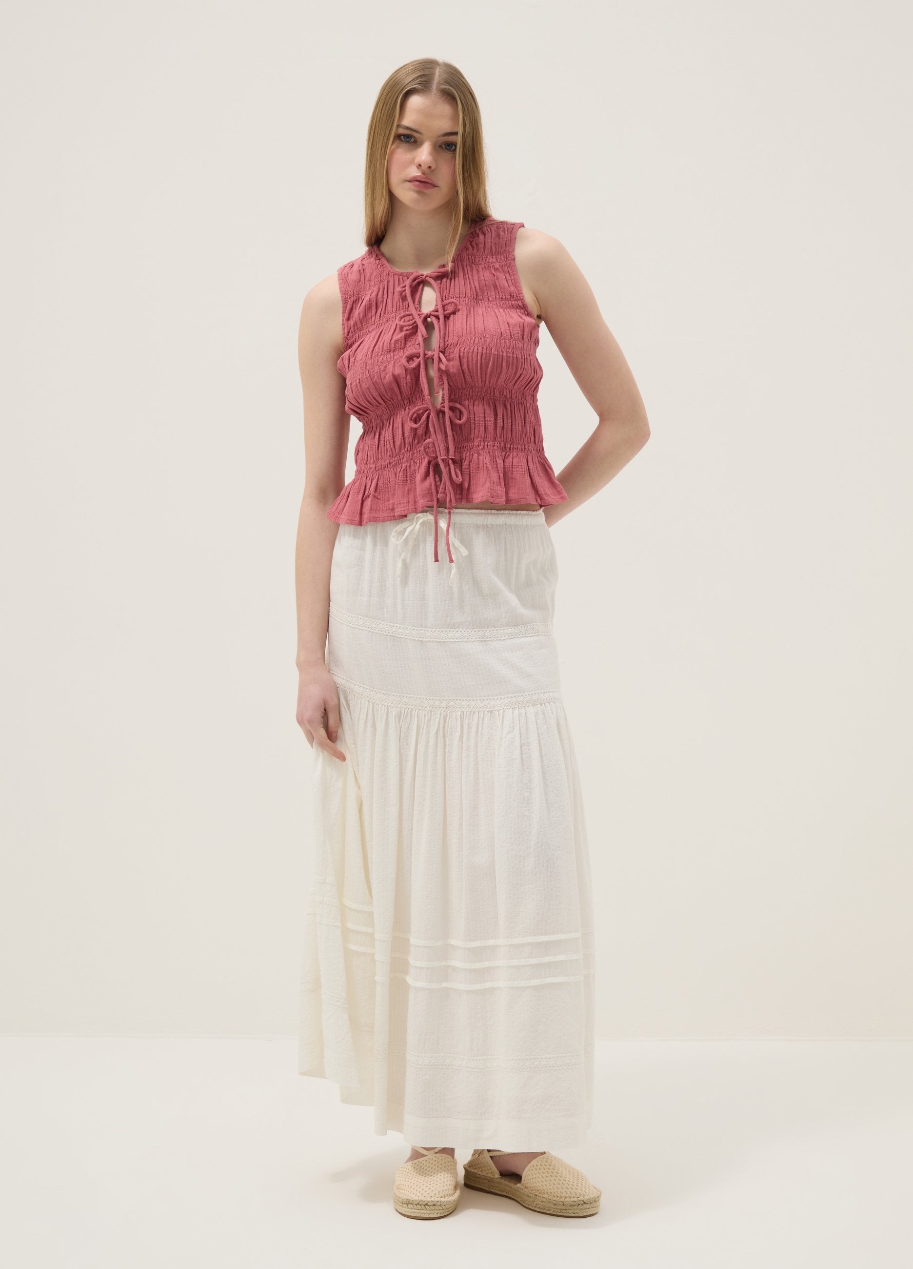 Blusa In Puro Cotone Rosa Regular Fit Con Chiusura A Fiocchi