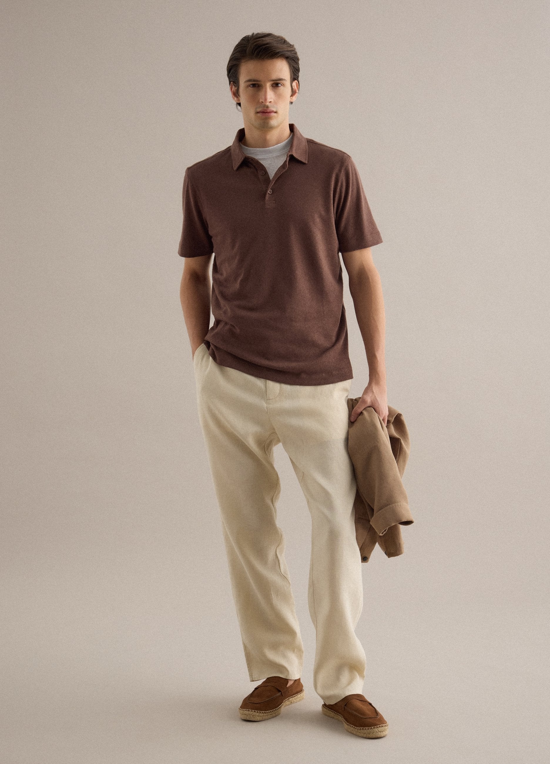 Polo In Misto Lino E Cotone Marrone Regular Fit