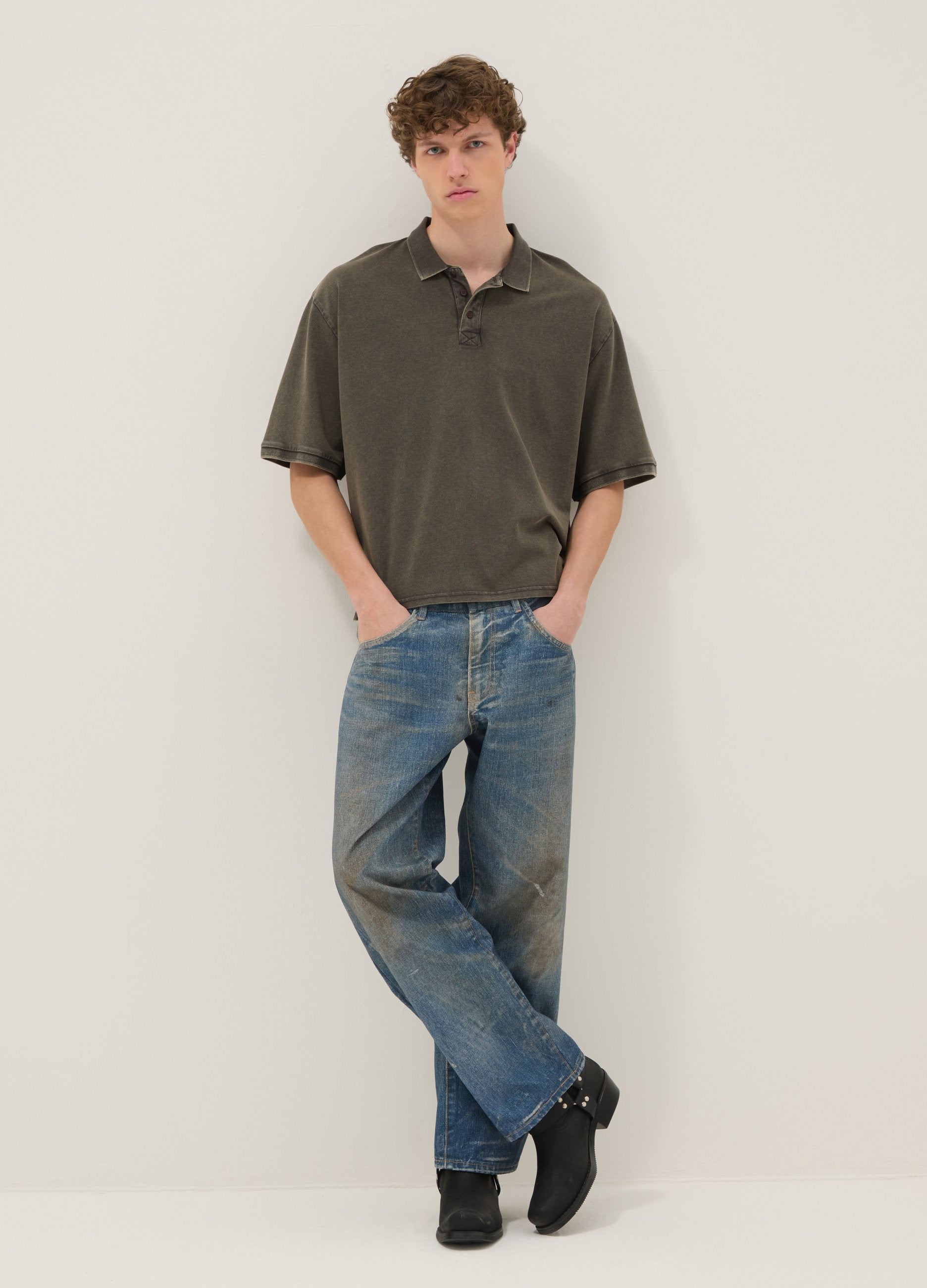 Jeans Baggy In Puro Cotone Denim Con Stampa Vintage