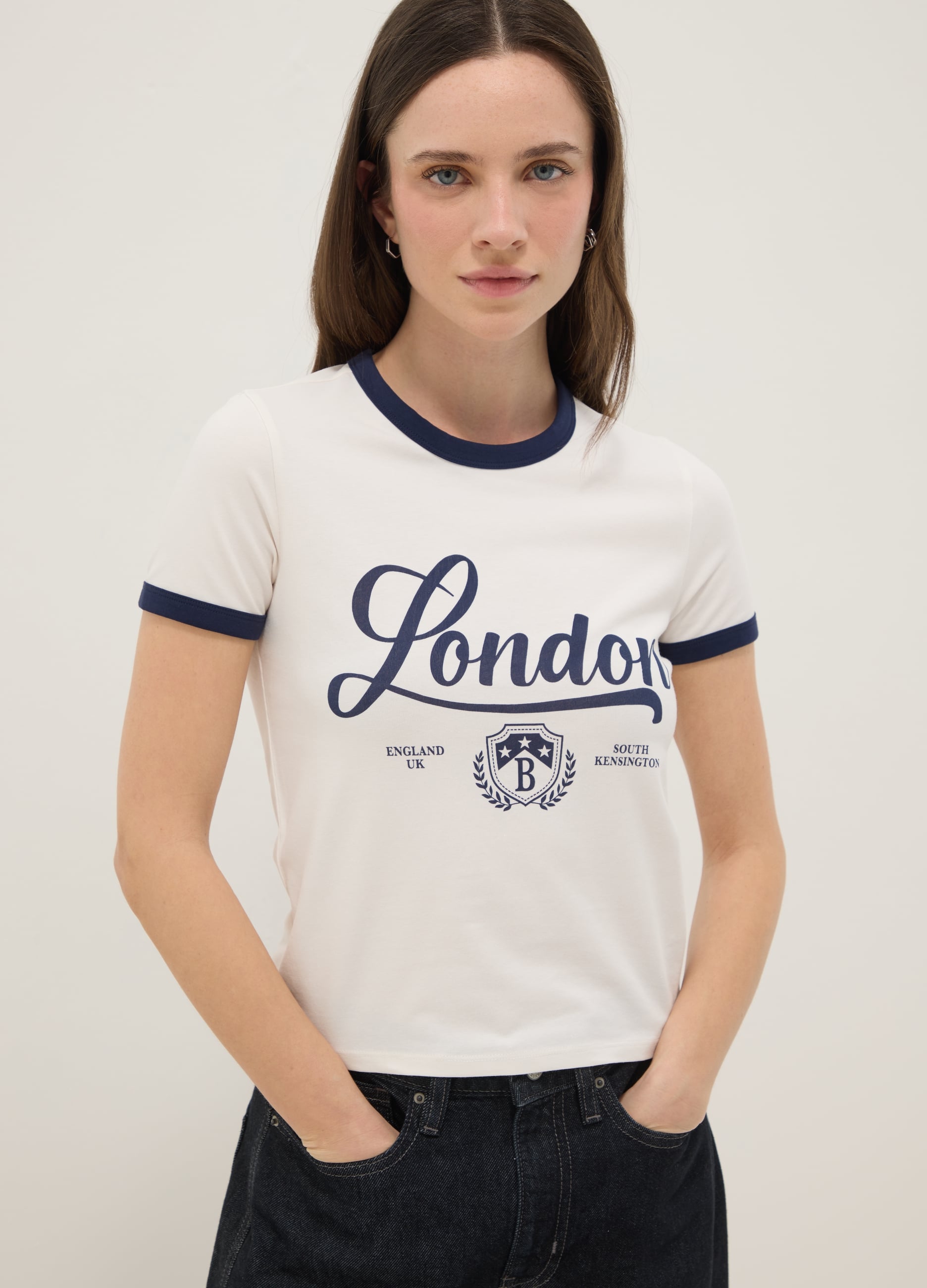 T-shirt In Cotone Elasticizzato Bianca Regular Fit Con Scritta Blu