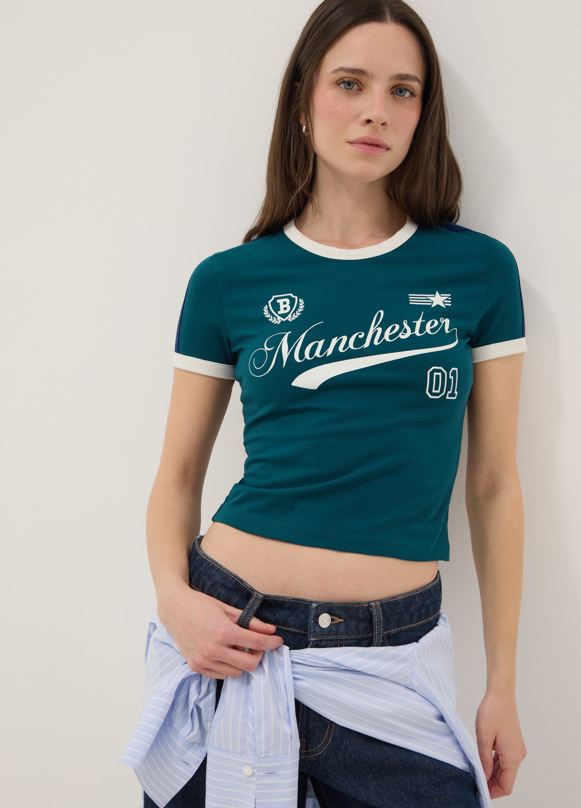 T-shirt In Cotone Elasticizzato Verde Slim Fit Con Stampa
