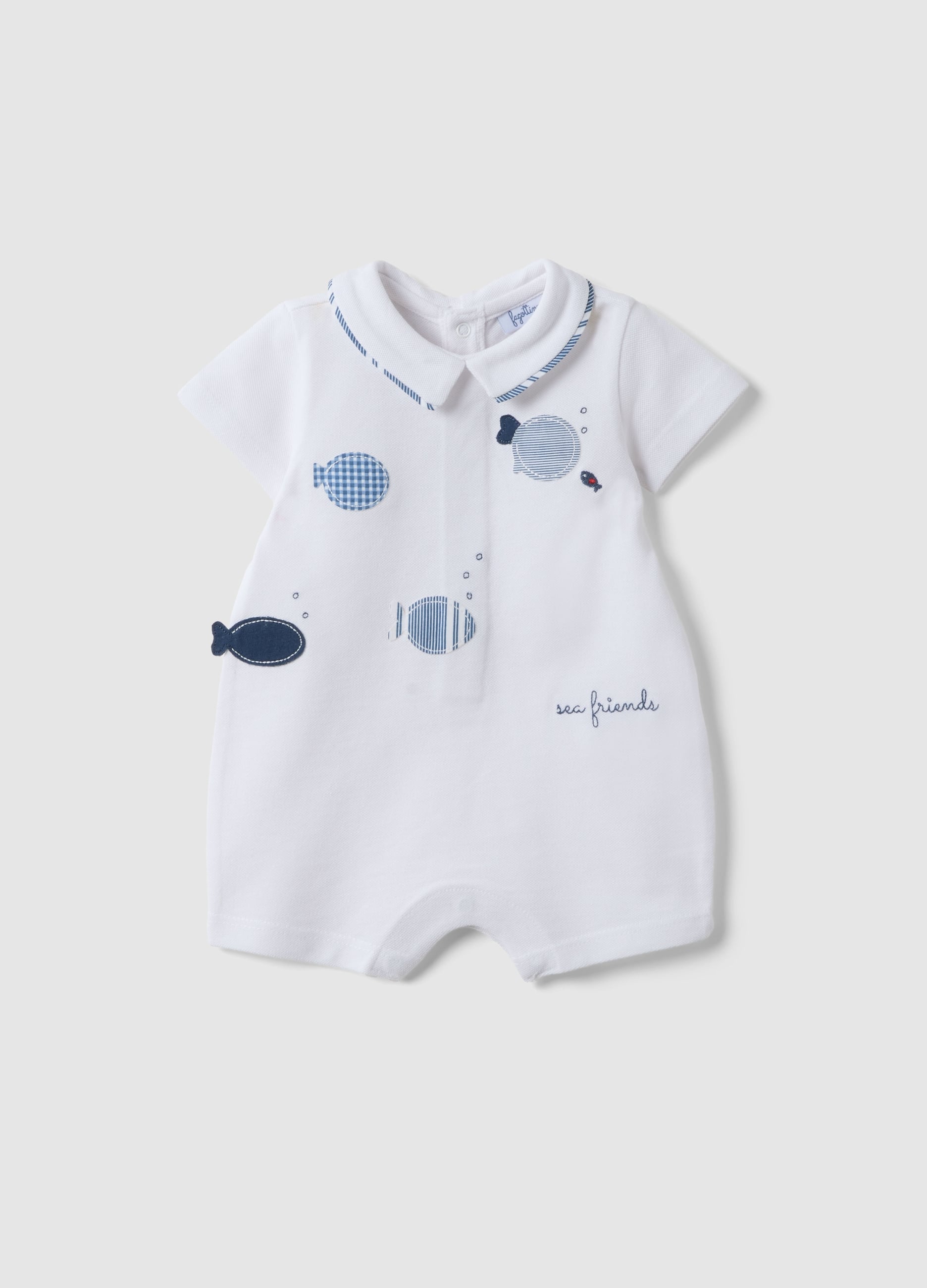 Pagliaccetto In Puro Cotone Bianco Da Neonato Con Ricami Pesci