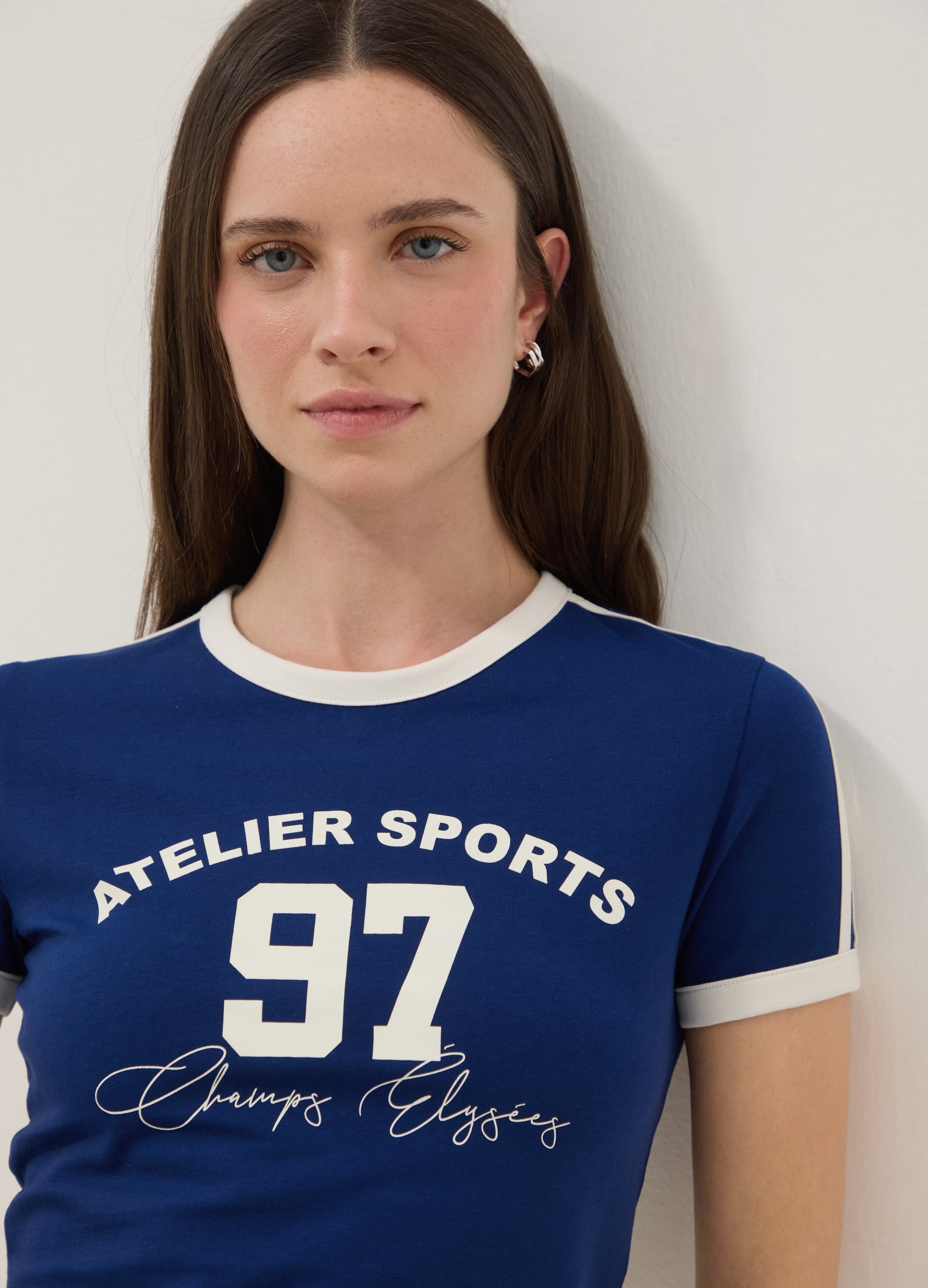 T-shirt In Cotone Elasticizzato Blu Slim Fit Con Stampa