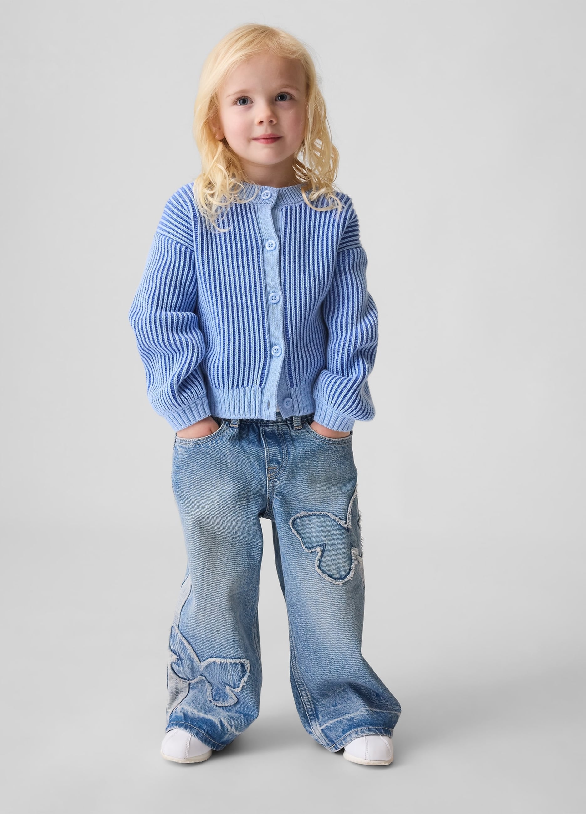 Pantaloni In Denim Relaxed Fit Con Farfalle