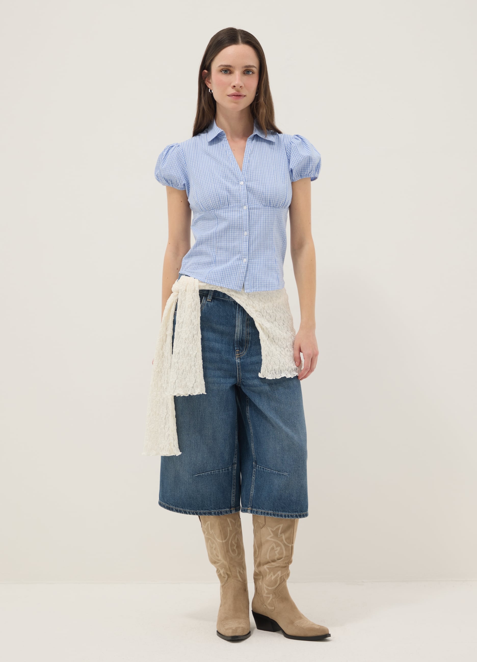 Shorts Baggy In Puro Cotone Denim Blu
