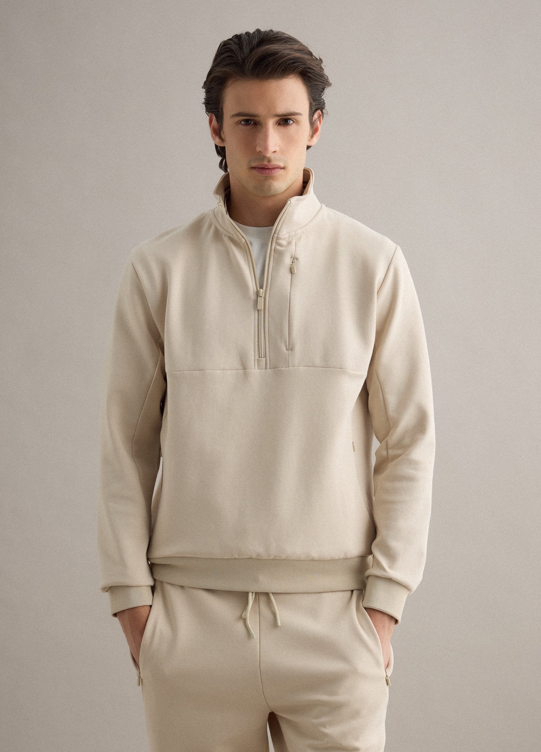 Felpa In Misto Cotone Elasticizzato Beige Regular Fit Con Mezza Zip