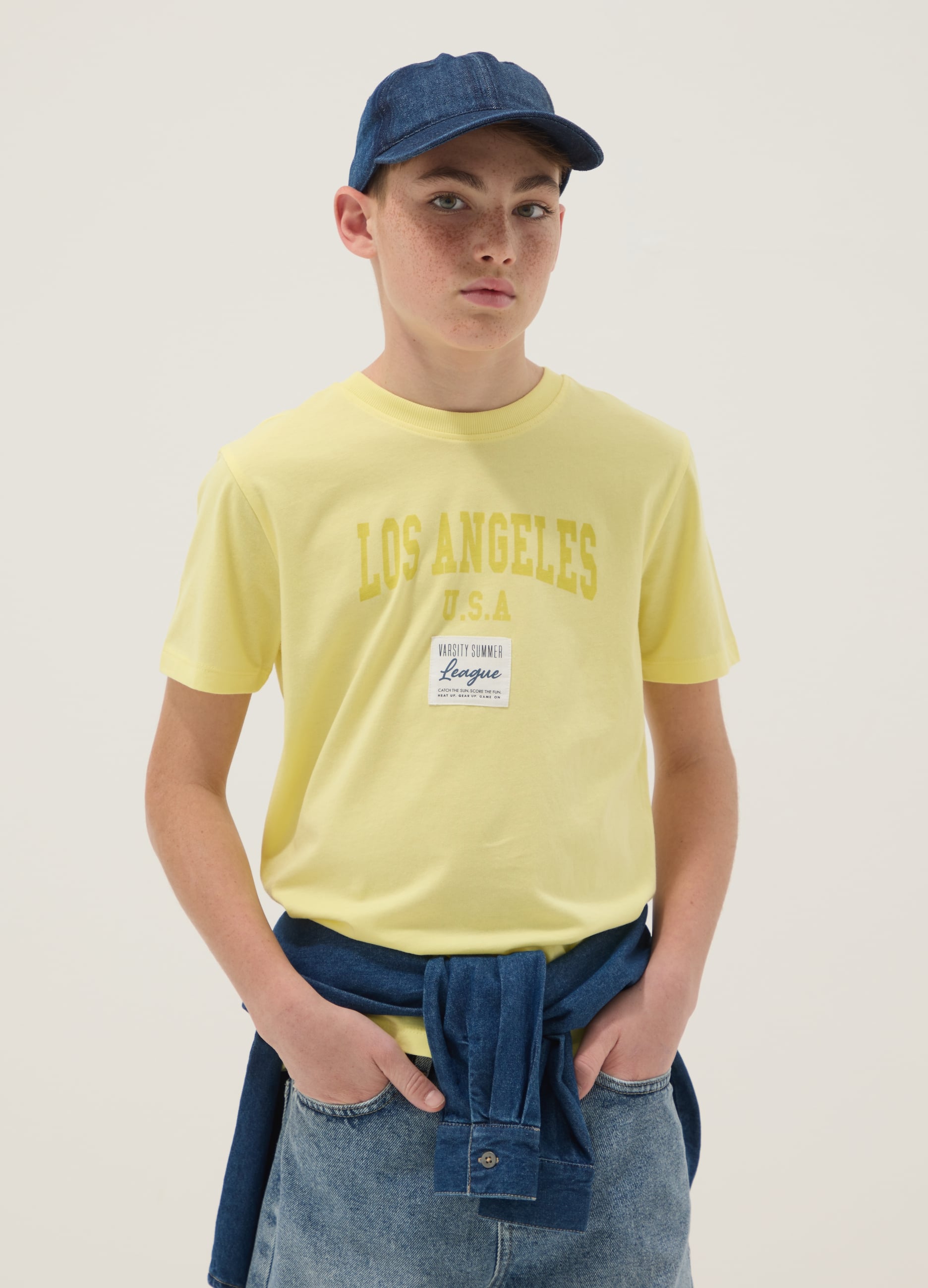 T-shirt In Puro Cotone Gialla Da Ragazzo Regular Fit Con Stampa
