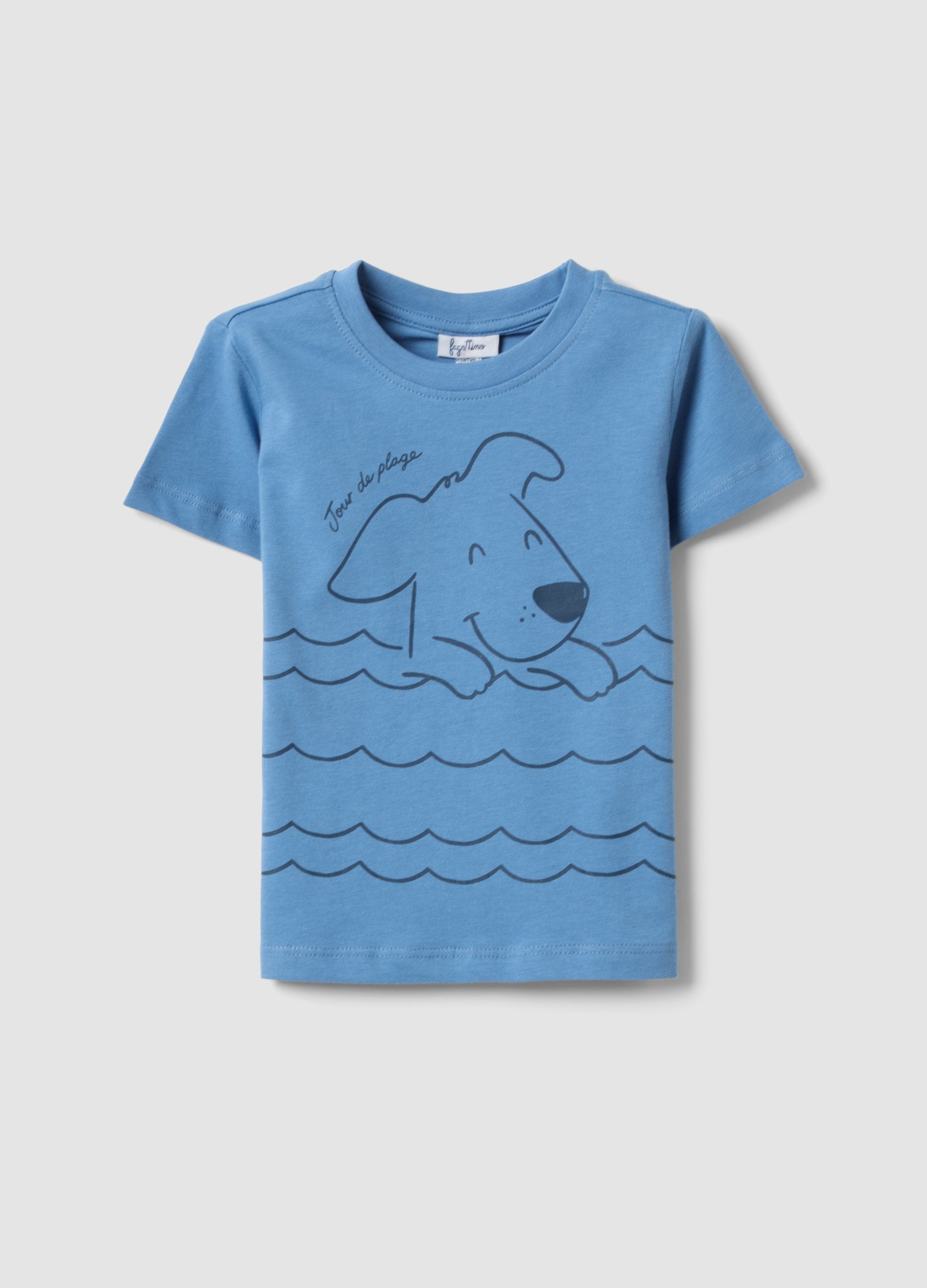T-shirt In Puro Cotone Azzurra Da Bimbo Regular Fit Con Stampa Cane