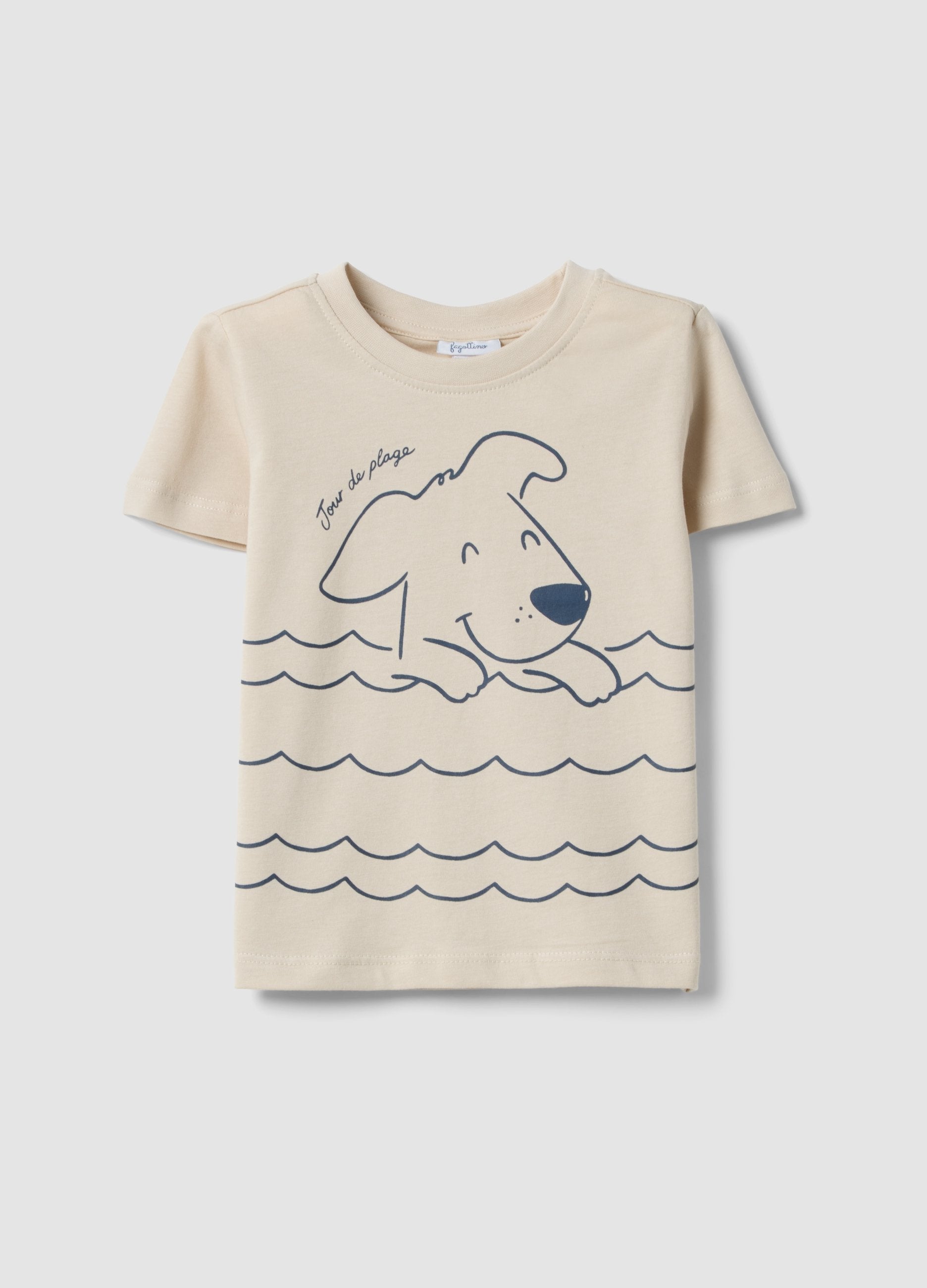 T-shirt In Puro Cotone Beige Da Bimbo Regular Fit Con Stampa Cane