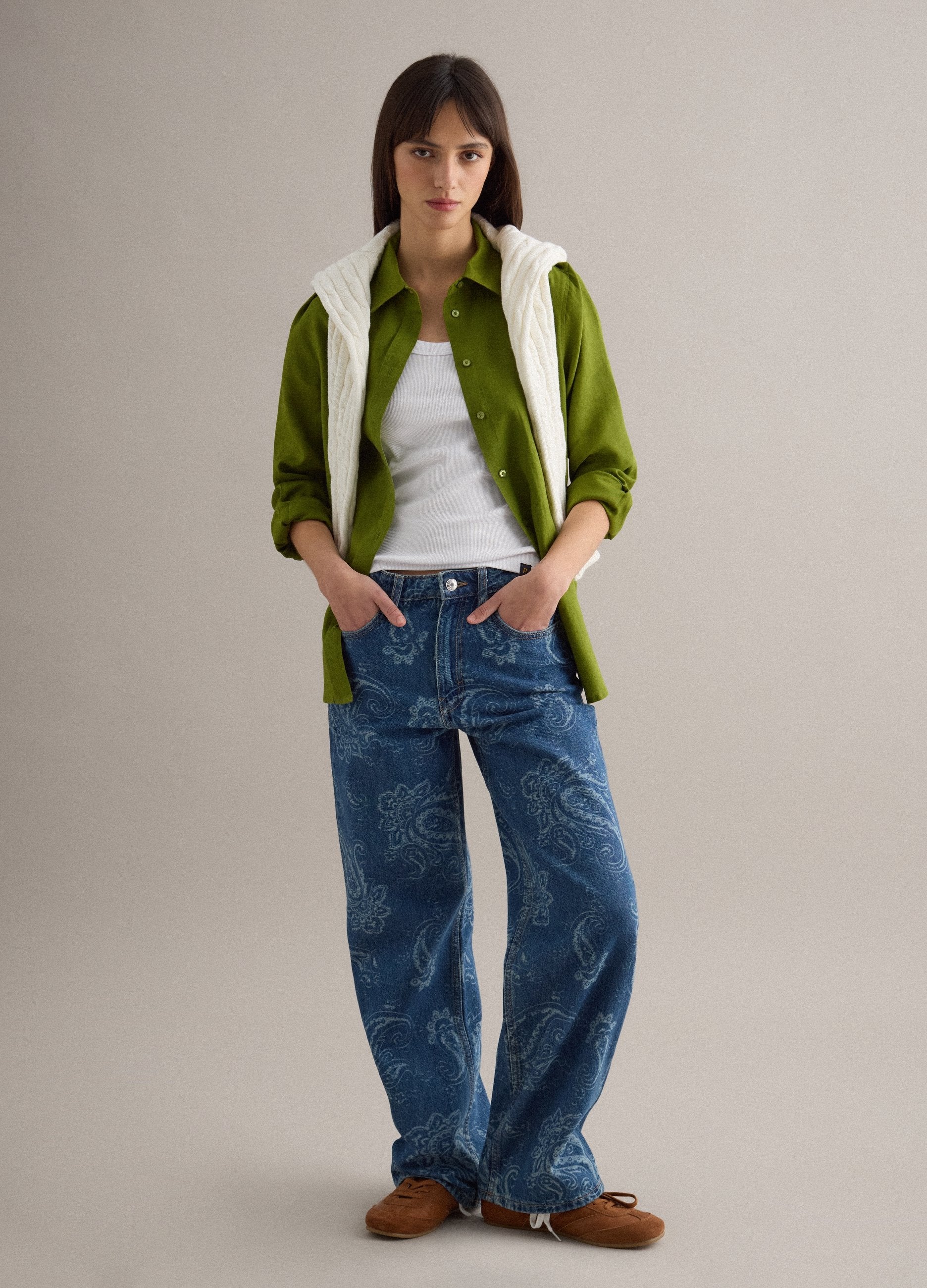 Camicia In Puro Lino Verde Regular Fit