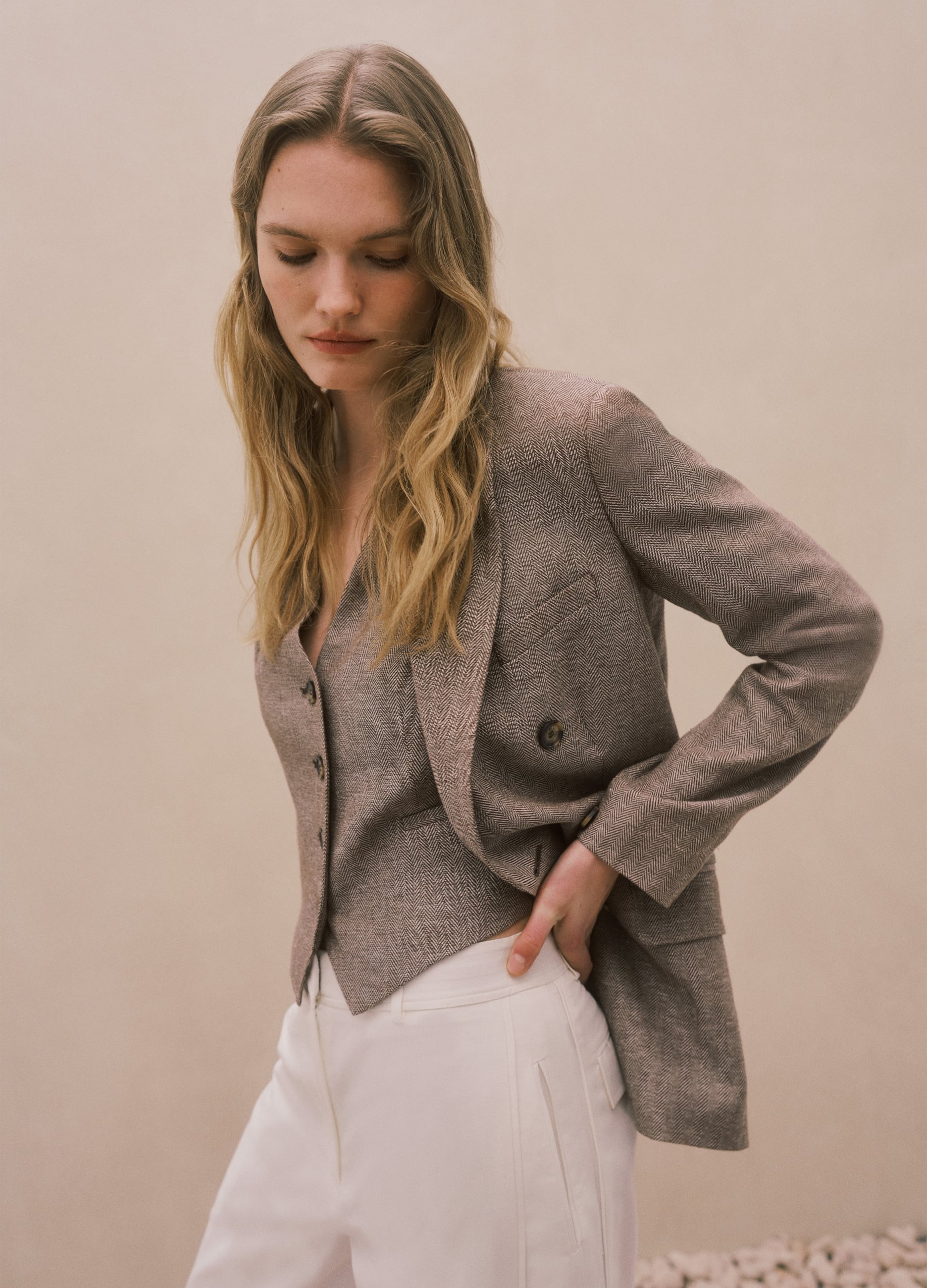 Blazer In Misto Viscosa E Lino Multicolor Regular Fit