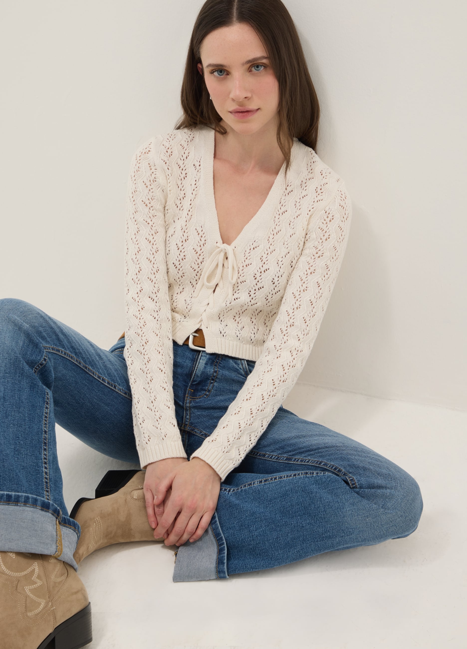 Cardigan In Puro Cotone Beige Regular Fit Con Design Traforato