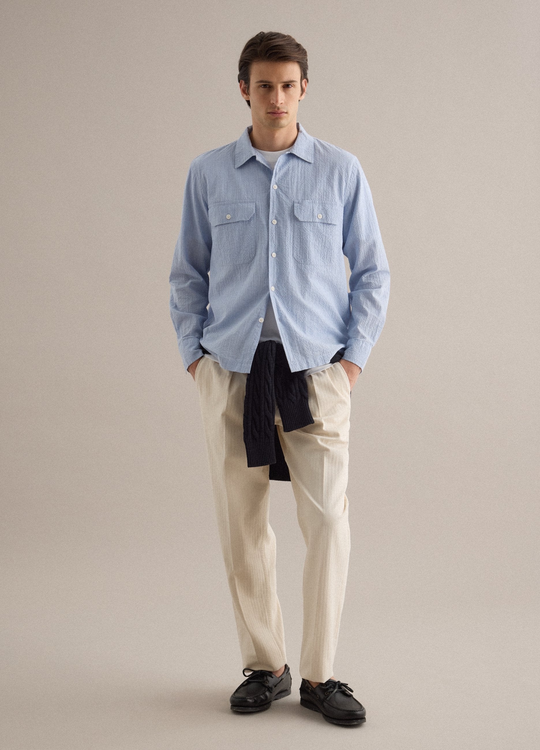 Camicia A Maniche Lunghe In Cotone Elasticizzato Azzurra Regular Fit