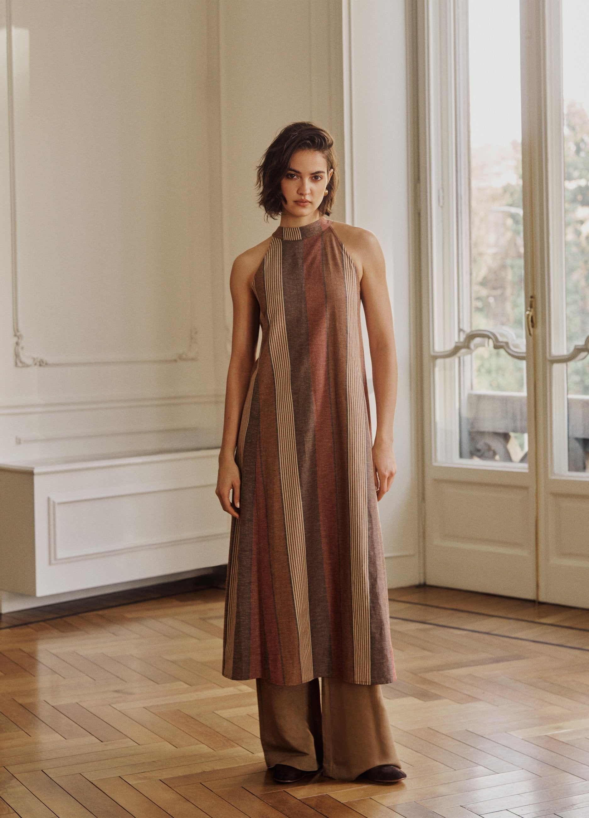 Abito In Misto Viscosa E Lino A Righe Multicolor Relaxed Fit