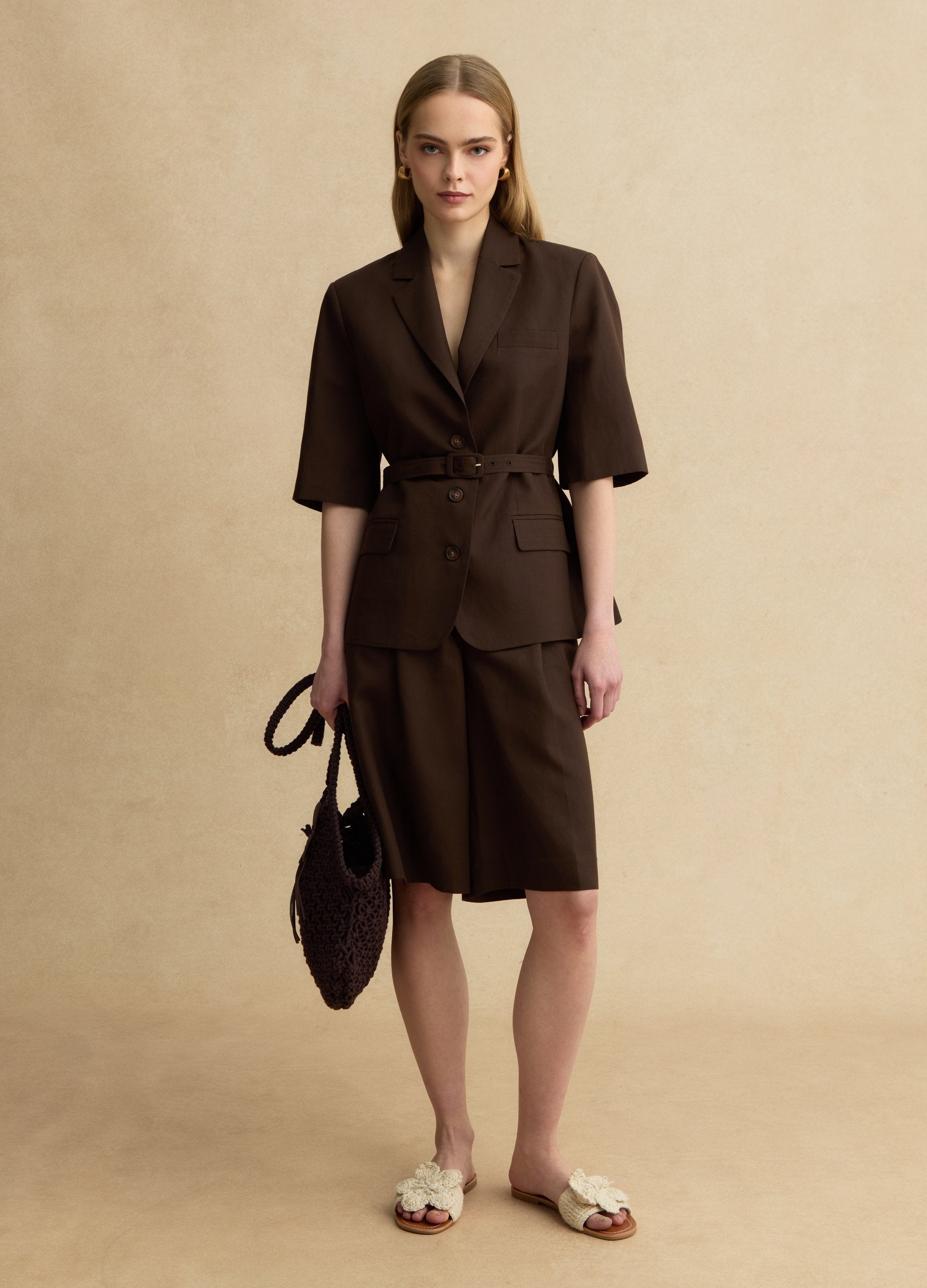 Shorts In Misto Lyocell E Lino Marroni Regular Fit