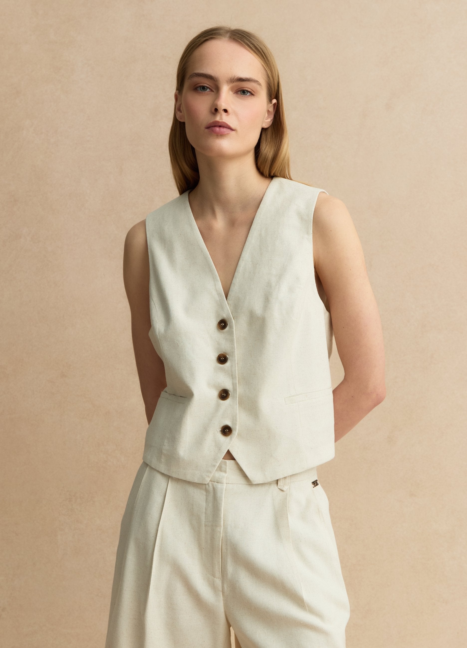 Gilet In Misto Viscosa E Lino Beige Slim Fit