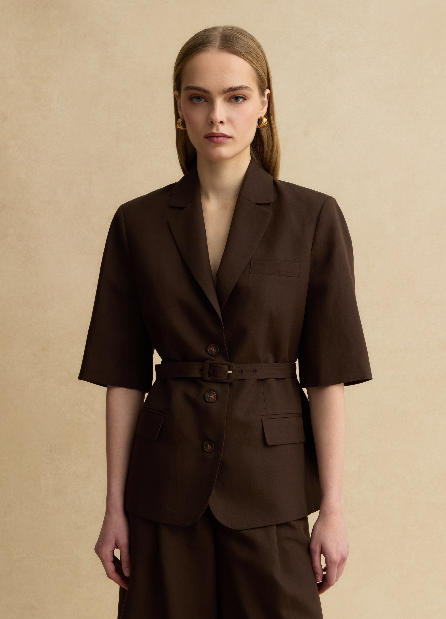 Blazer In Misto Lyocell E Lino Marrone Regular Fit Con Cintura