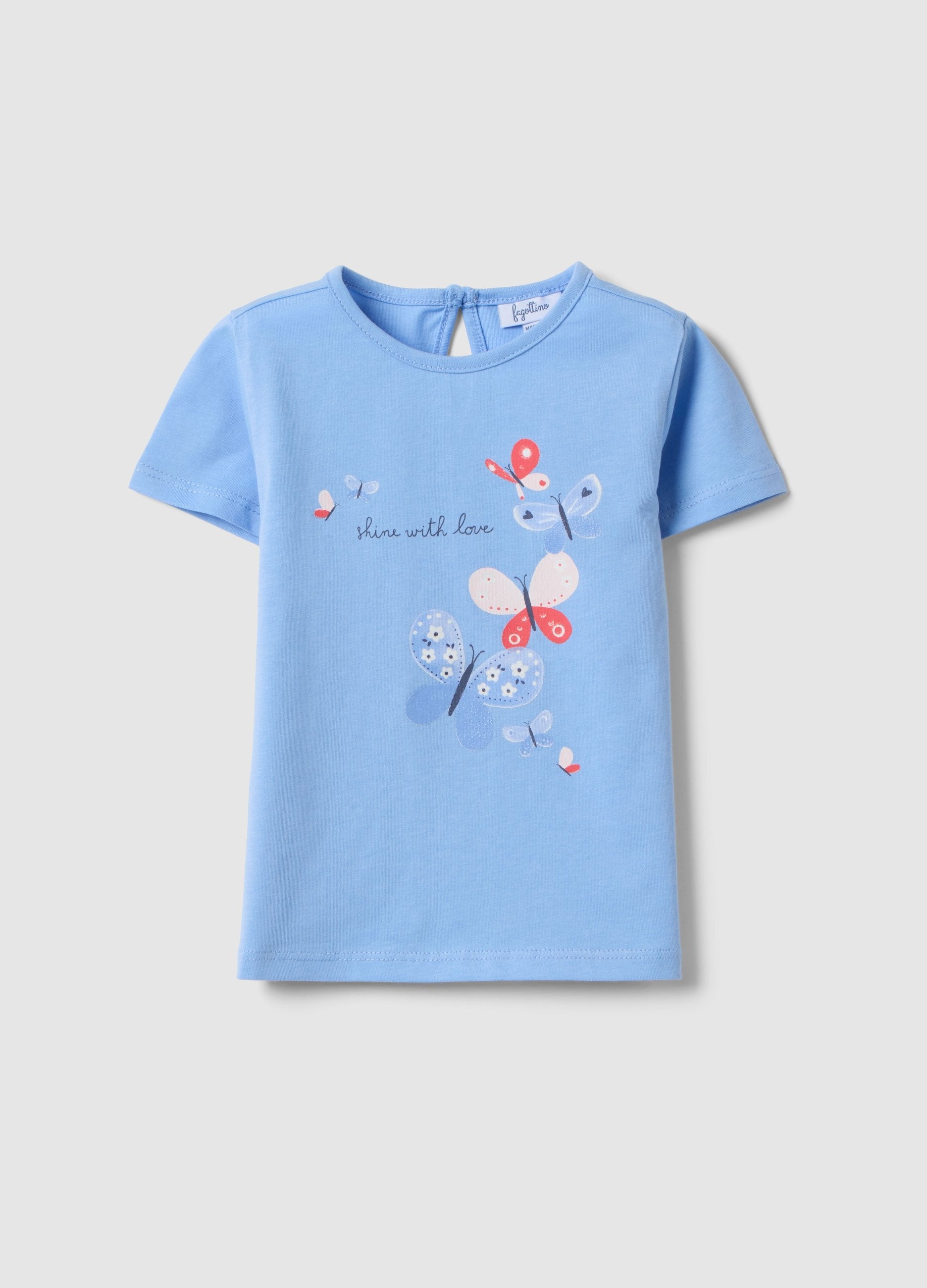 T-shirt In Puro Cotone Azzurra Da Bimba Regular Fit Con Farfalle