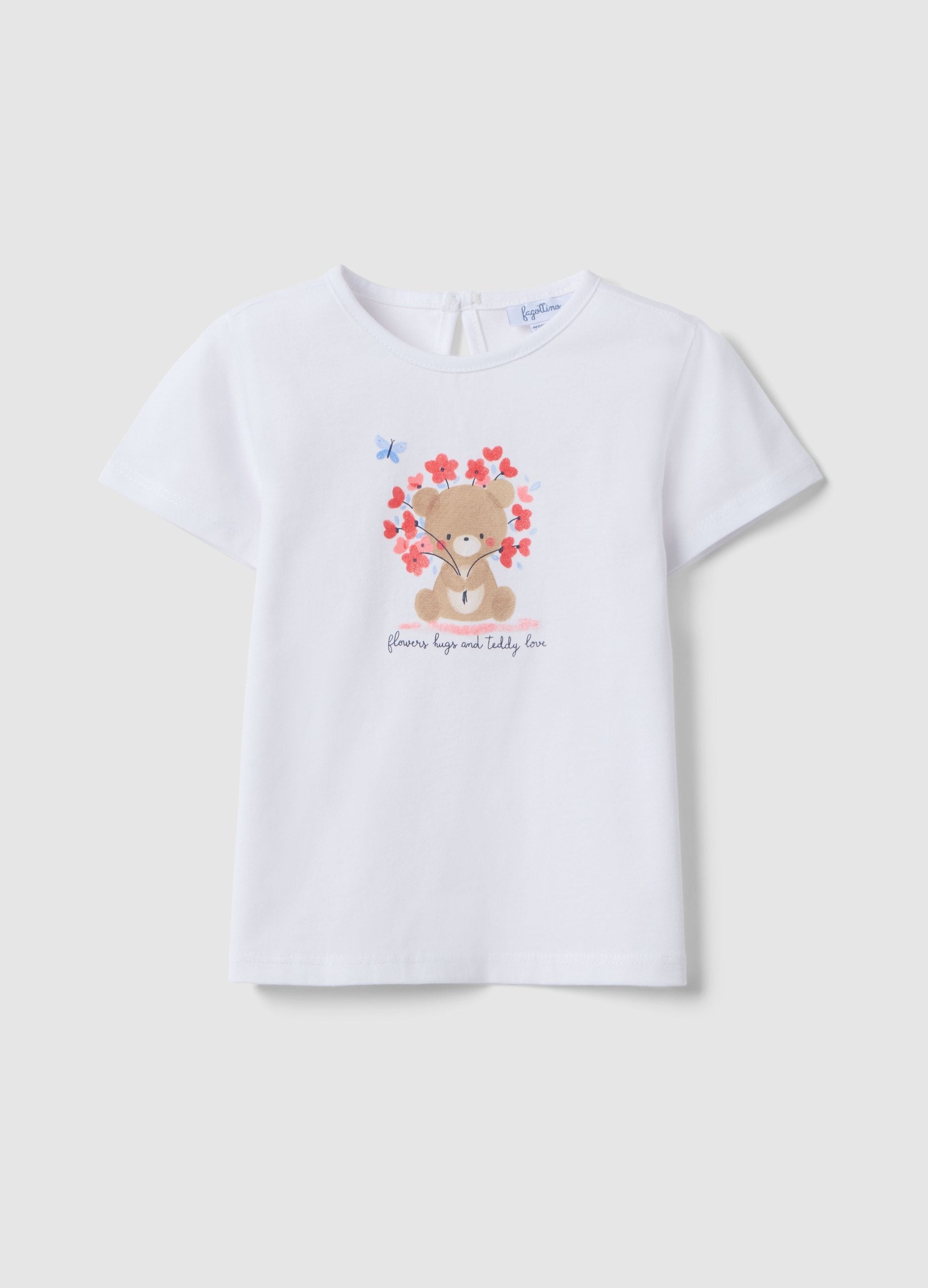 T-shirt In Puro Cotone Bianca Da Bimba Regular Fit Con Orsacchiotto