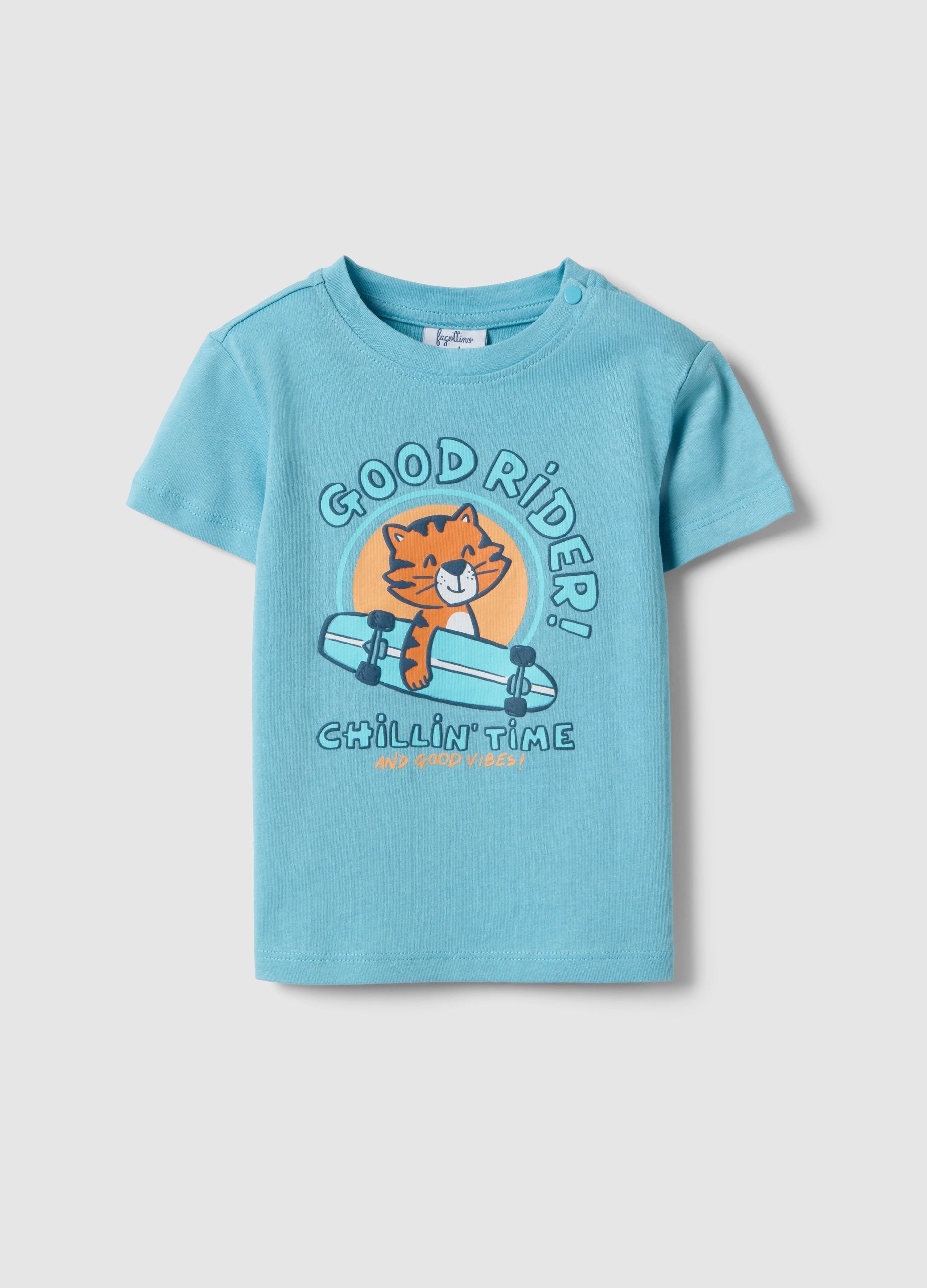 T-shirt In Puro Cotone Azzurra Da Bimbo Regular Fit Con Tigre Rider