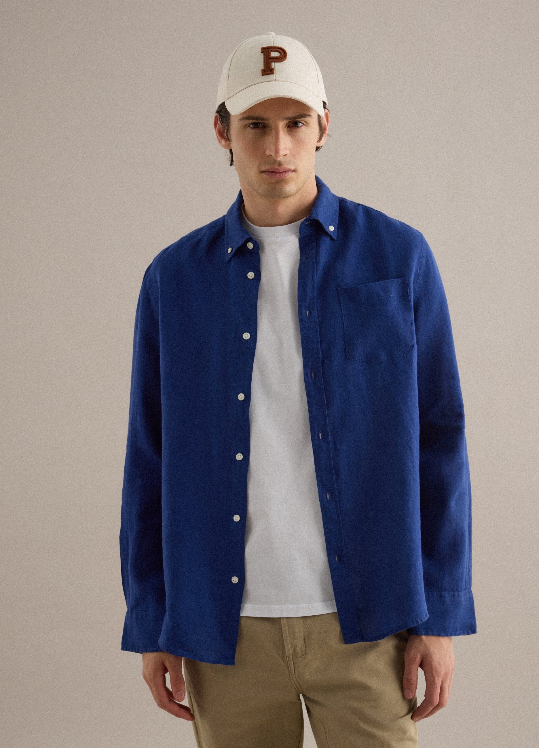 Camicia A Maniche Lunghe In Puro Lino Blu Regular Fit