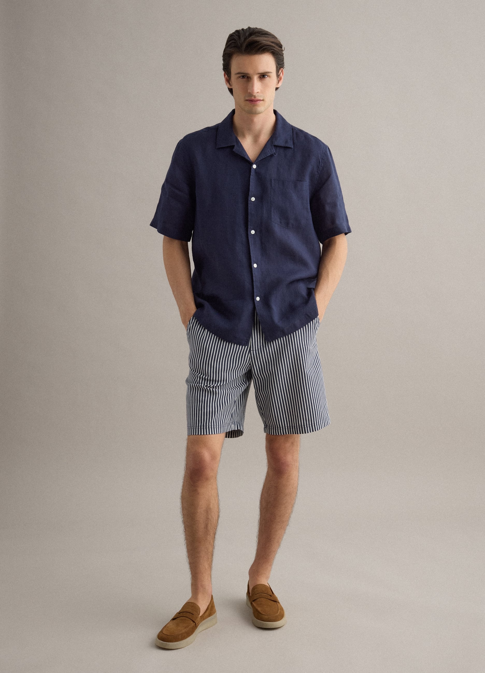 Shorts In Misto Lino E Cotone A Righe Multicolor Regular Fit