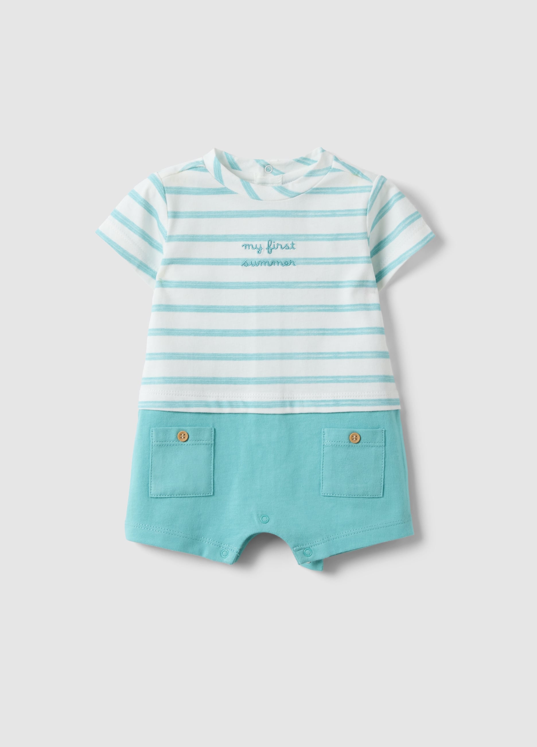 Pagliaccetto In Puro Cotone A Righe Multicolor Da Neonato Con Tasche