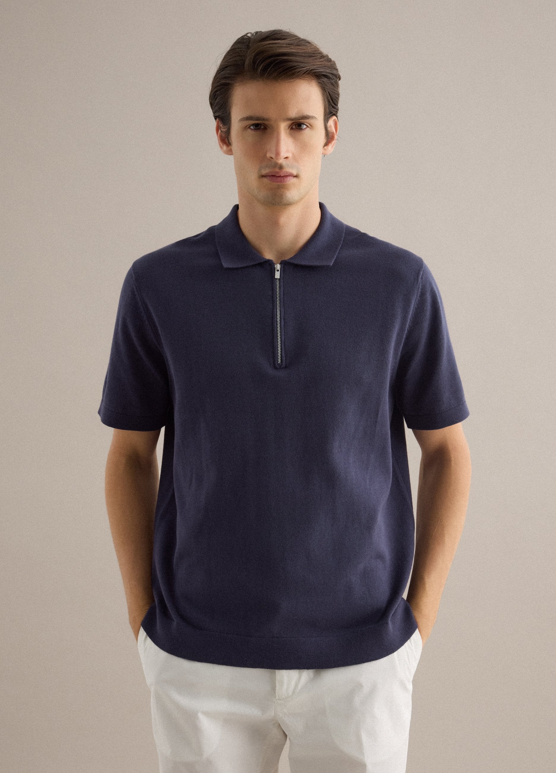 Polo A A Maniche Corte In Puro Cotone Blu Regular Fit Con Zip