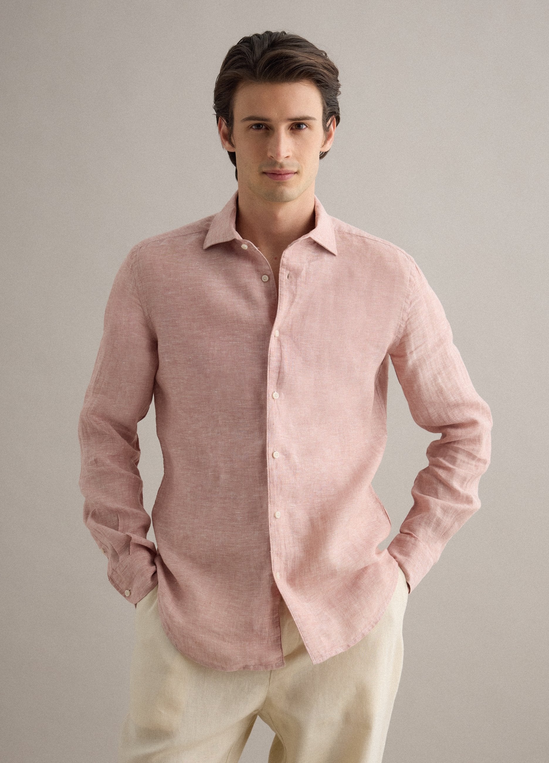 Camicia A Maniche Lunghe In Puro Lino Rosa Slim Fit