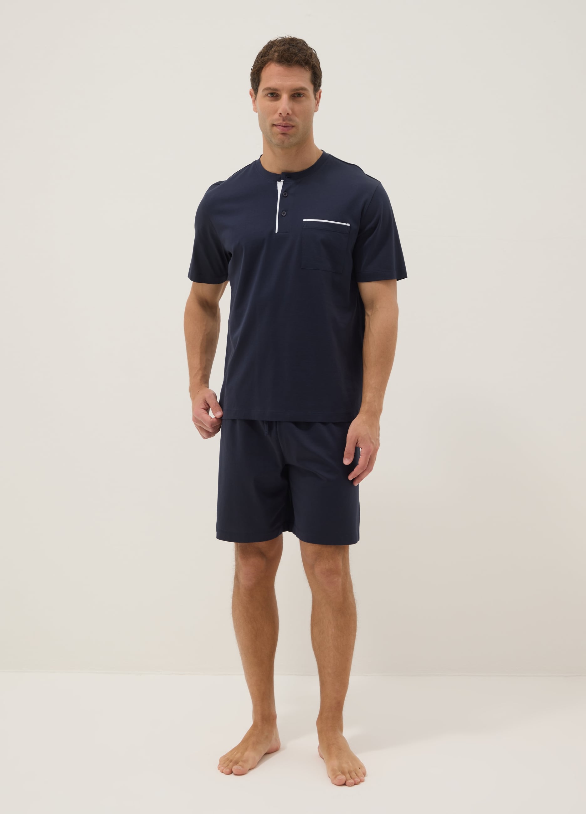 Pigiama Corto In Puro Cotone Blu Regular Fit Con Collo Serafino
