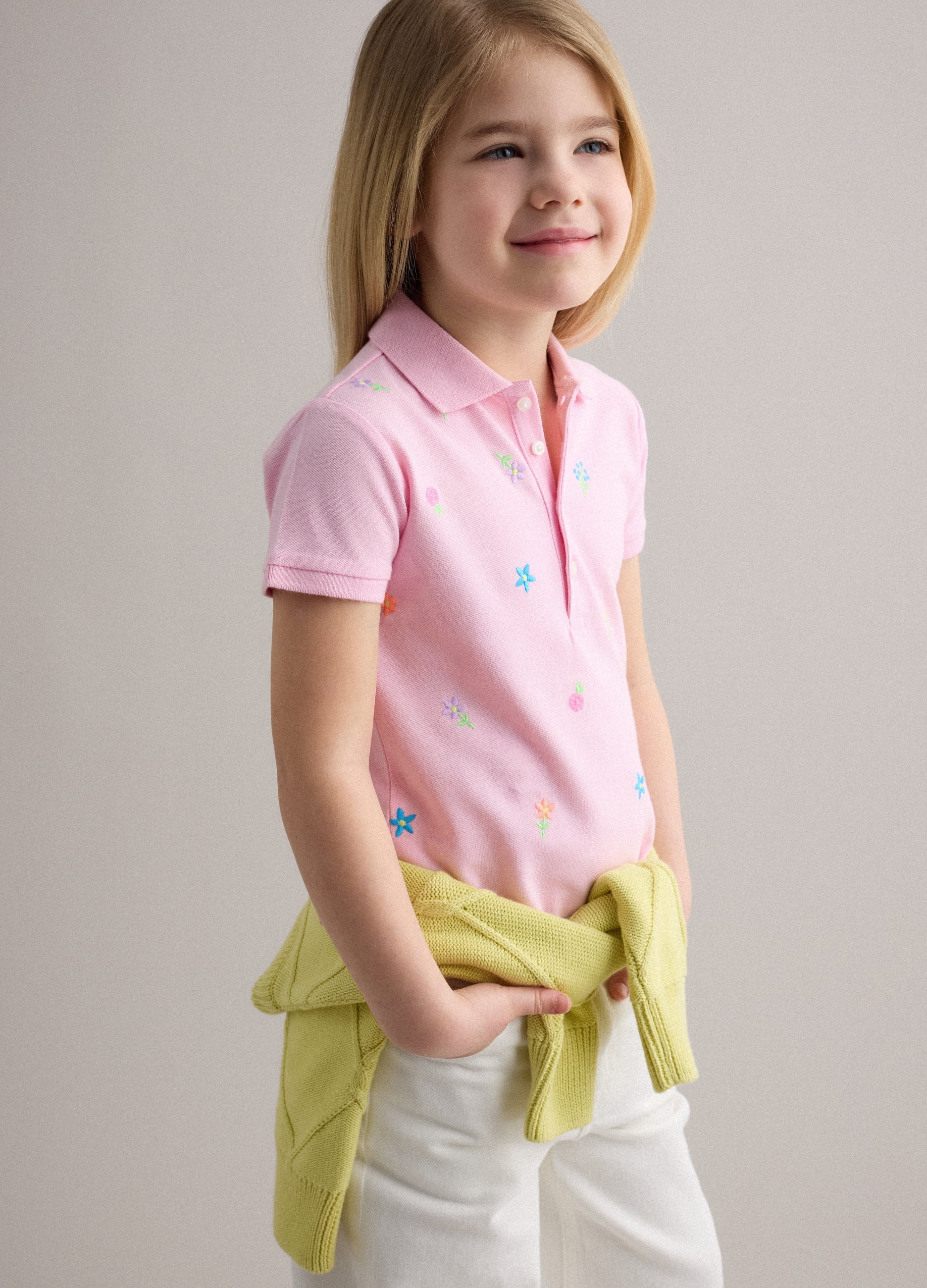 Polo In Puro Cotone Rosa Da Bambina Regular Fit Con Fiori Ricamati