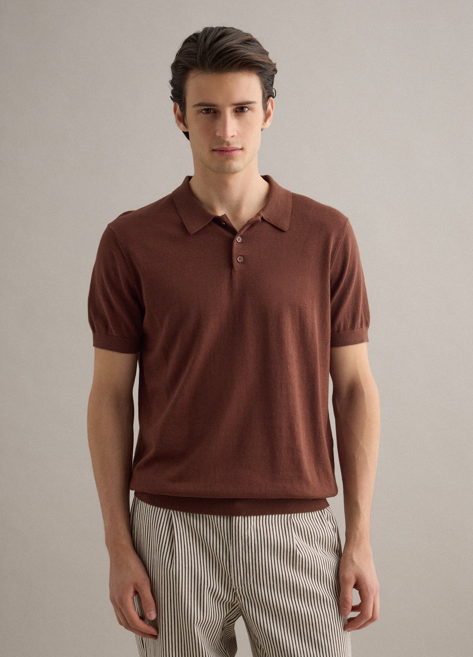 Polo In Misto Cotone, Lino E Seta Marrone Regular Fit