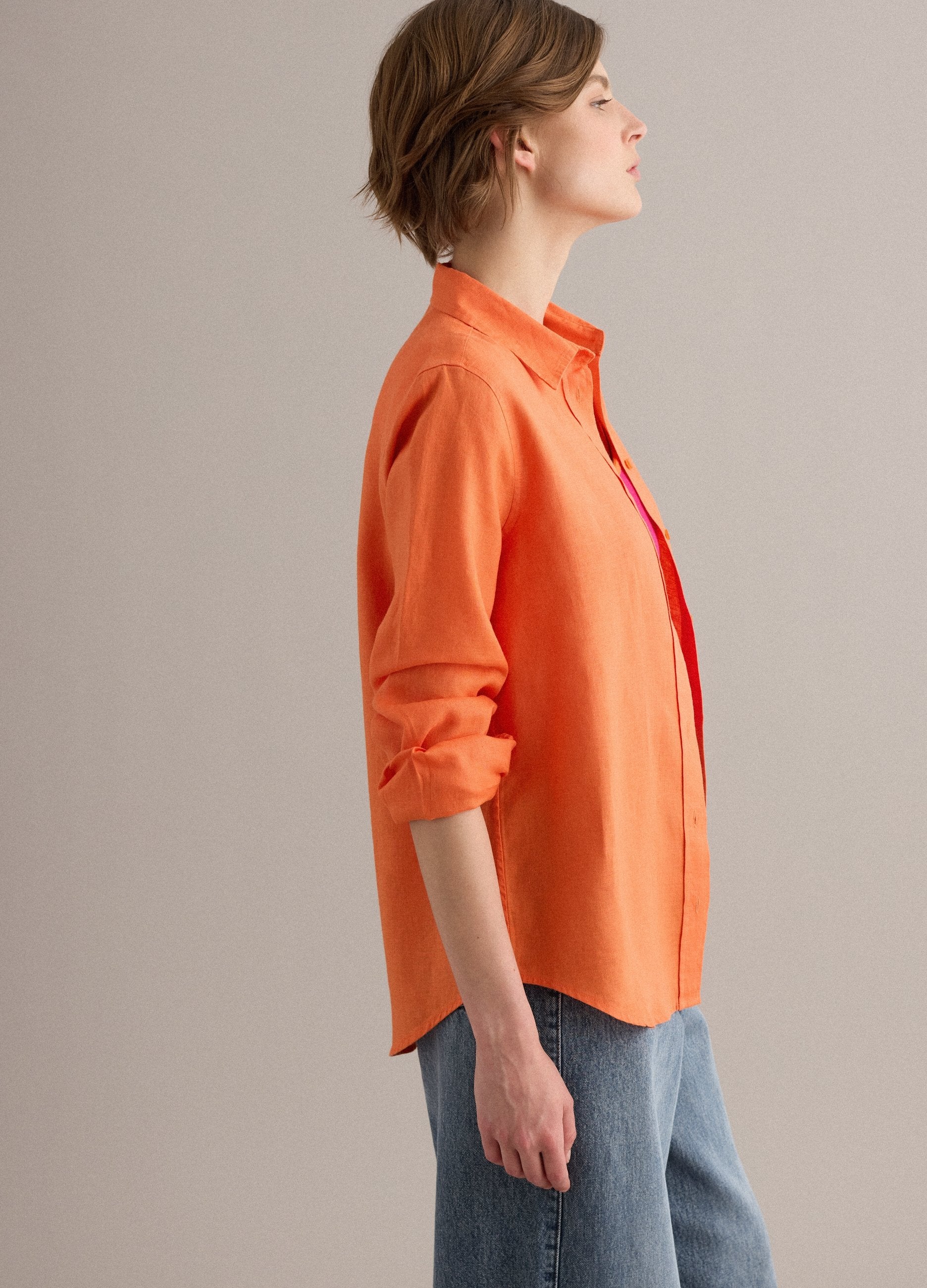 Camicia In Puro Lino Arancione Regular Fit