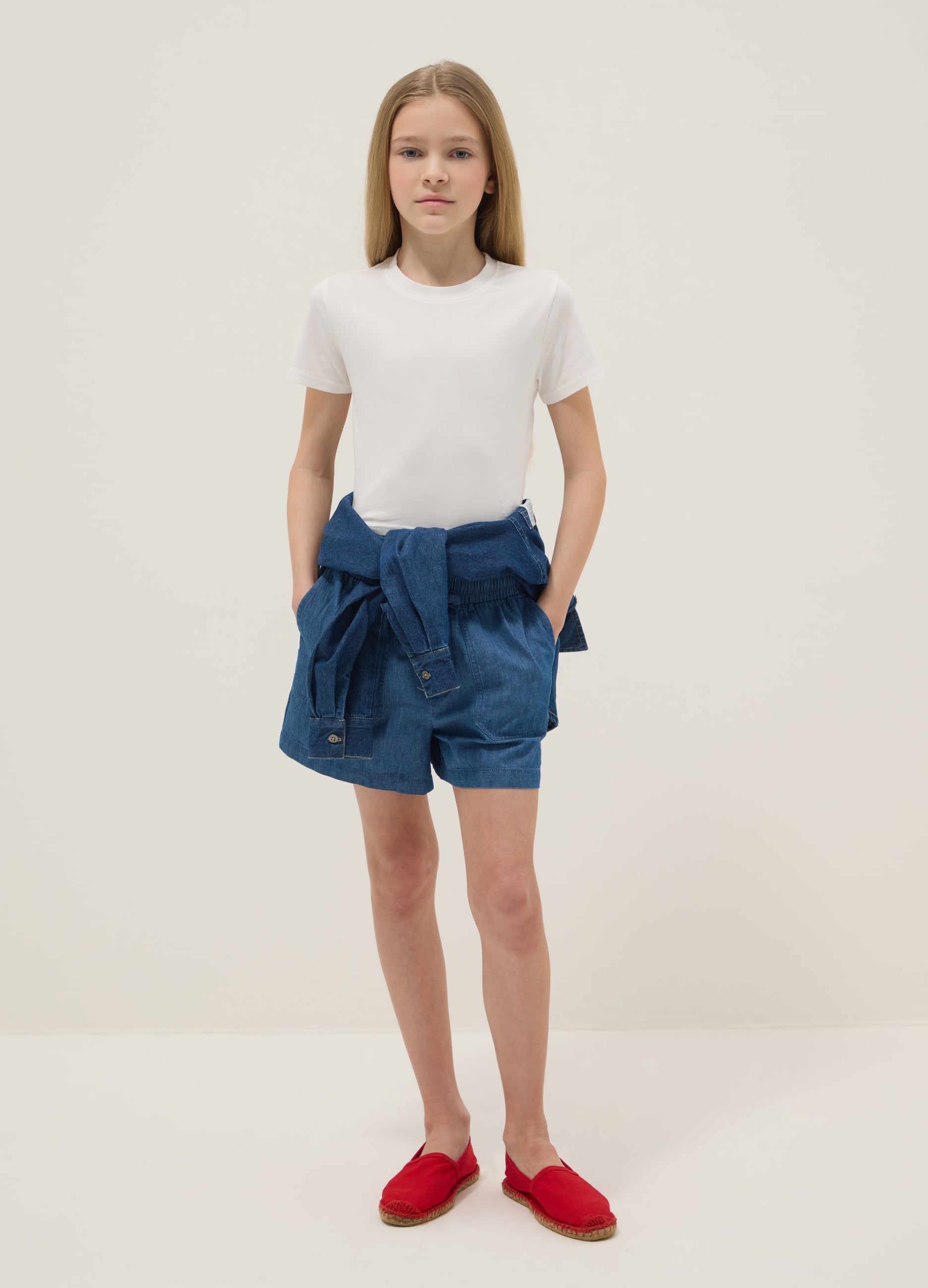 Shorts In Puro Cotone Denim Blu Da Ragazza Regular Fit
