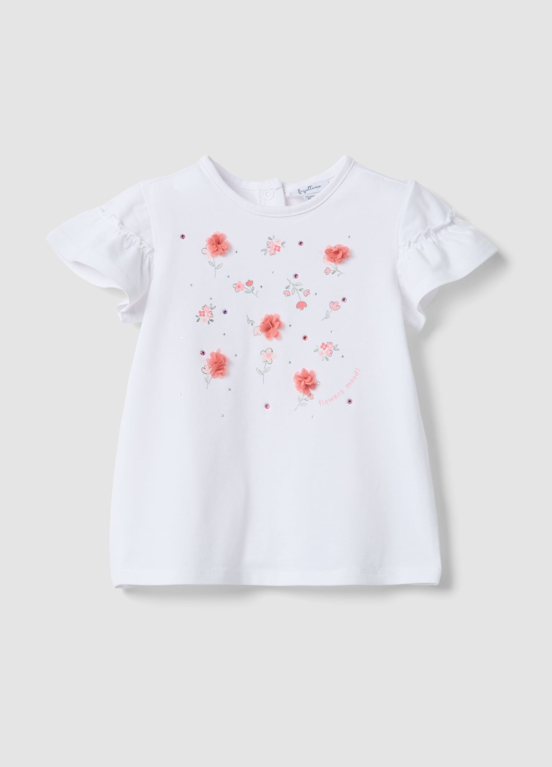 T-shirt In Cotone Elasticizzato Bianco Da Bimba Regular Fit Con Fiori