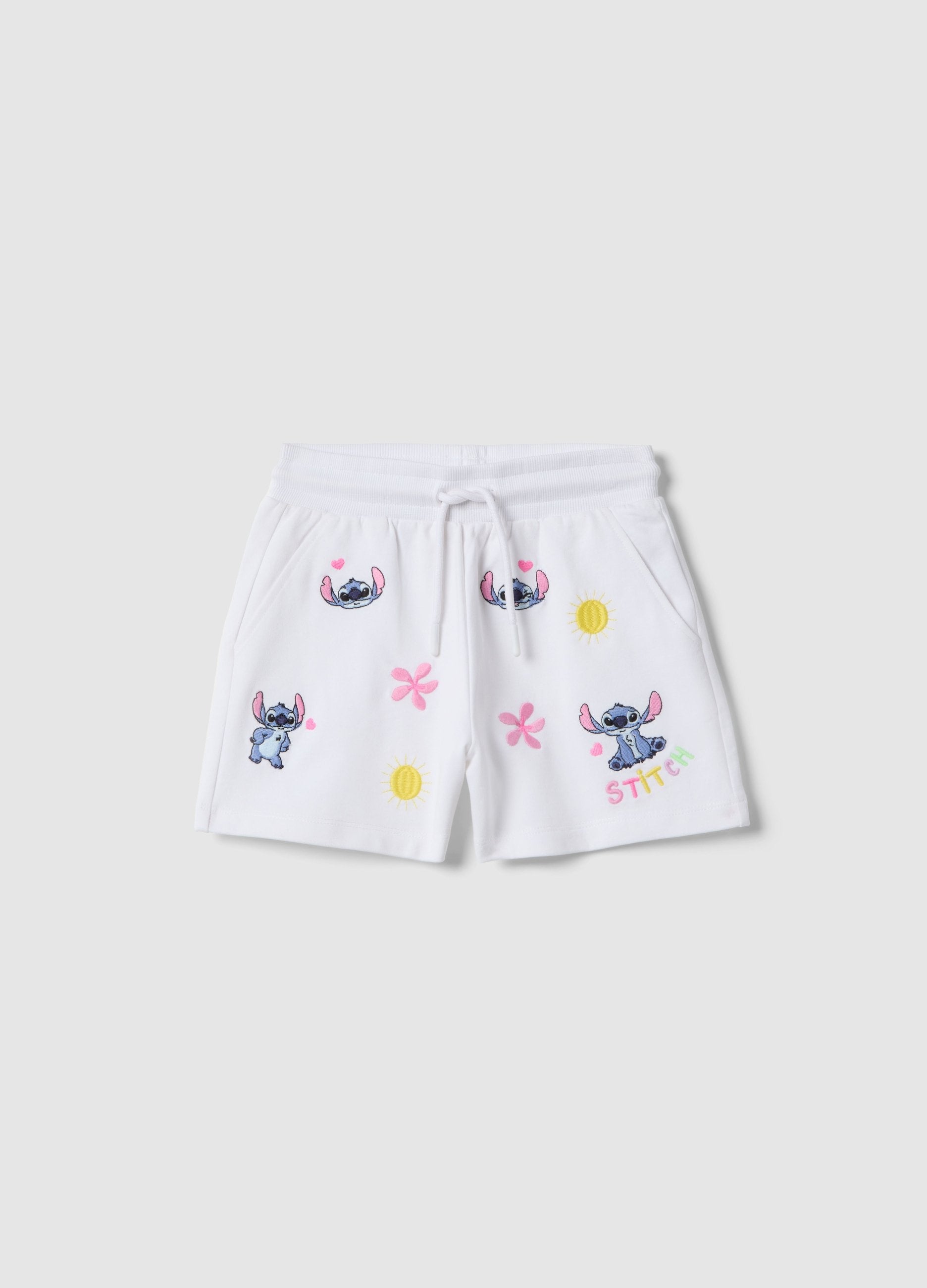 Pantaloncini In Puro Cotone Bianco Da Bambina Regular Fit Con Stitch