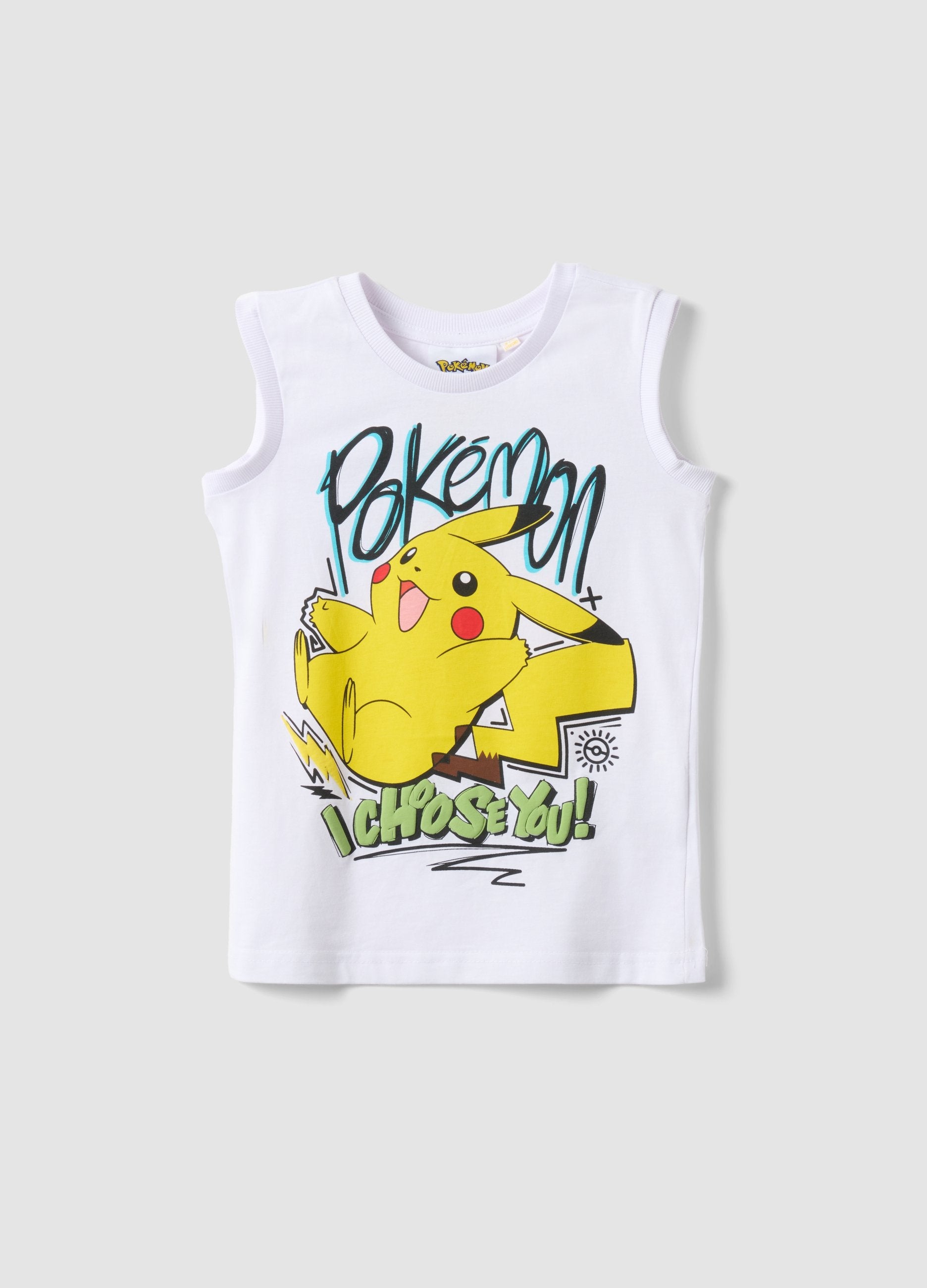 Tank Top In Puro Cotone Bianco Da Bambino Oversize Fit Con Pikachu
