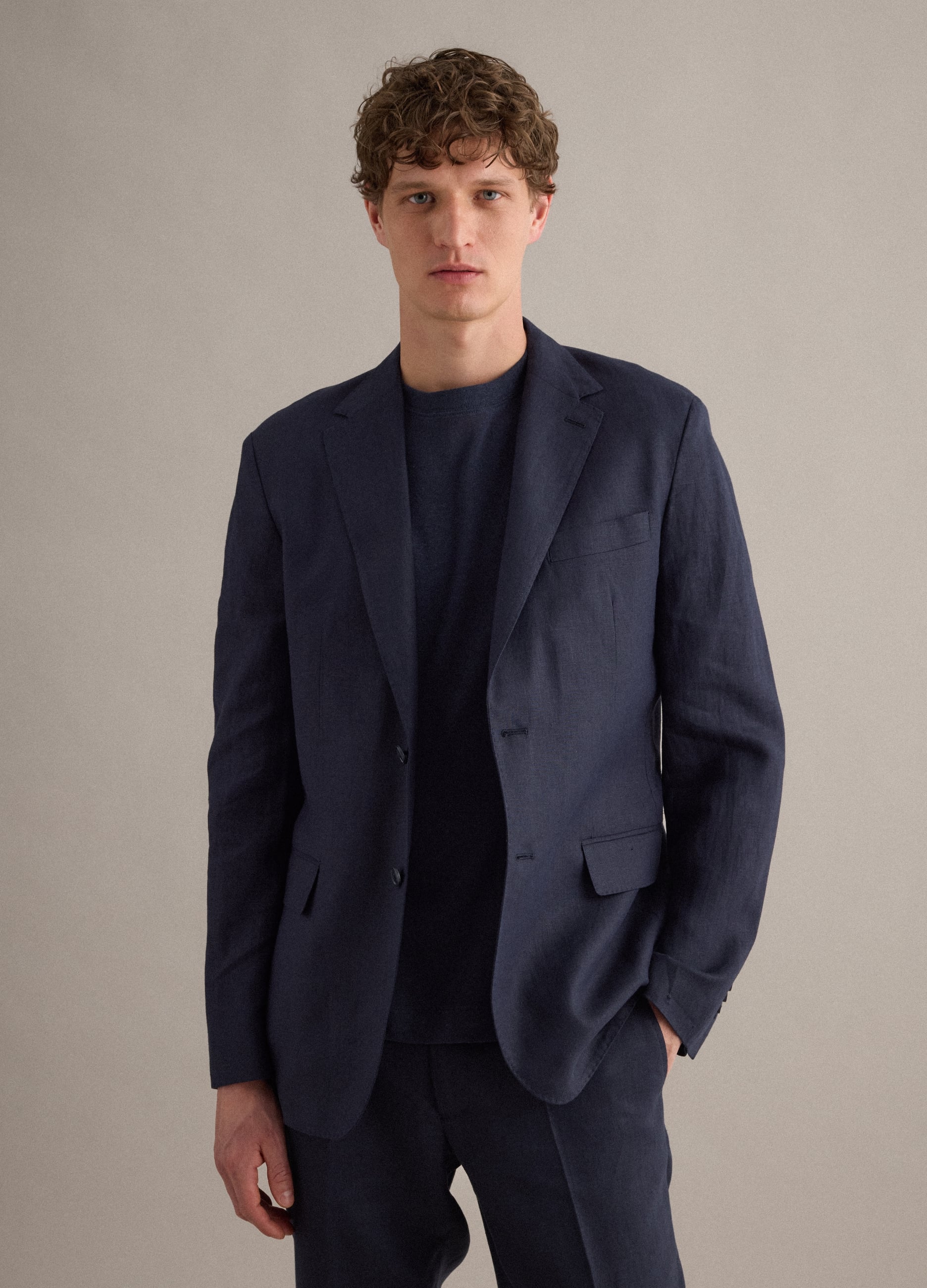 Blazer In Puro Lino Blu Regular Fit