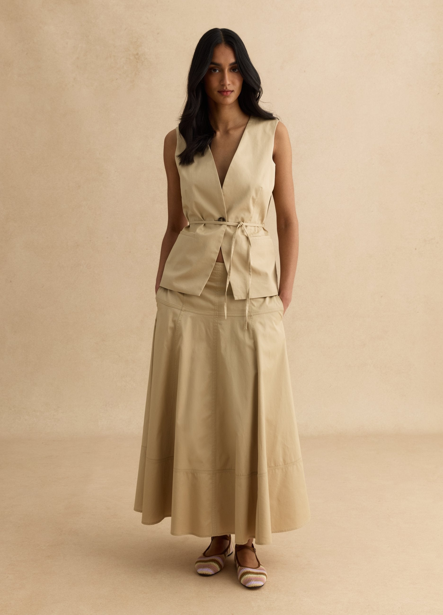 Gonna Beige Lunga In Puro Cotone