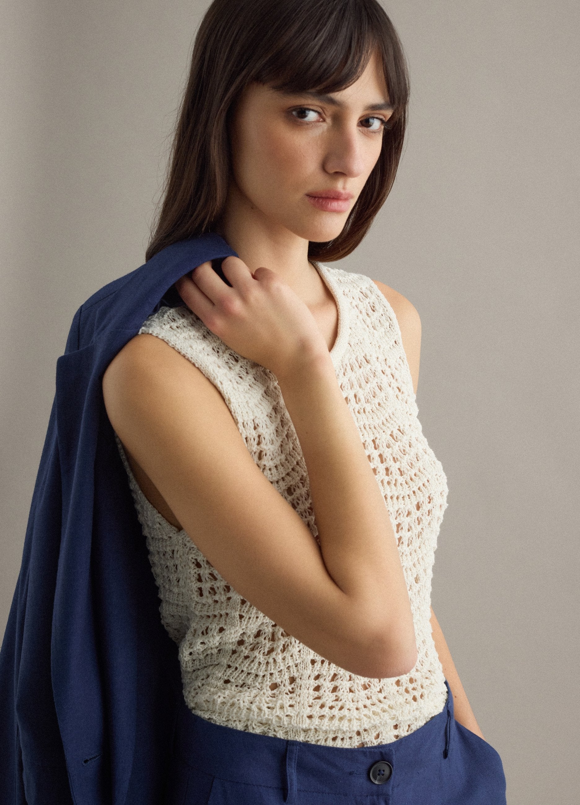 Tank Top In Crochet Di Misto Cotone Bianco Regular Fit